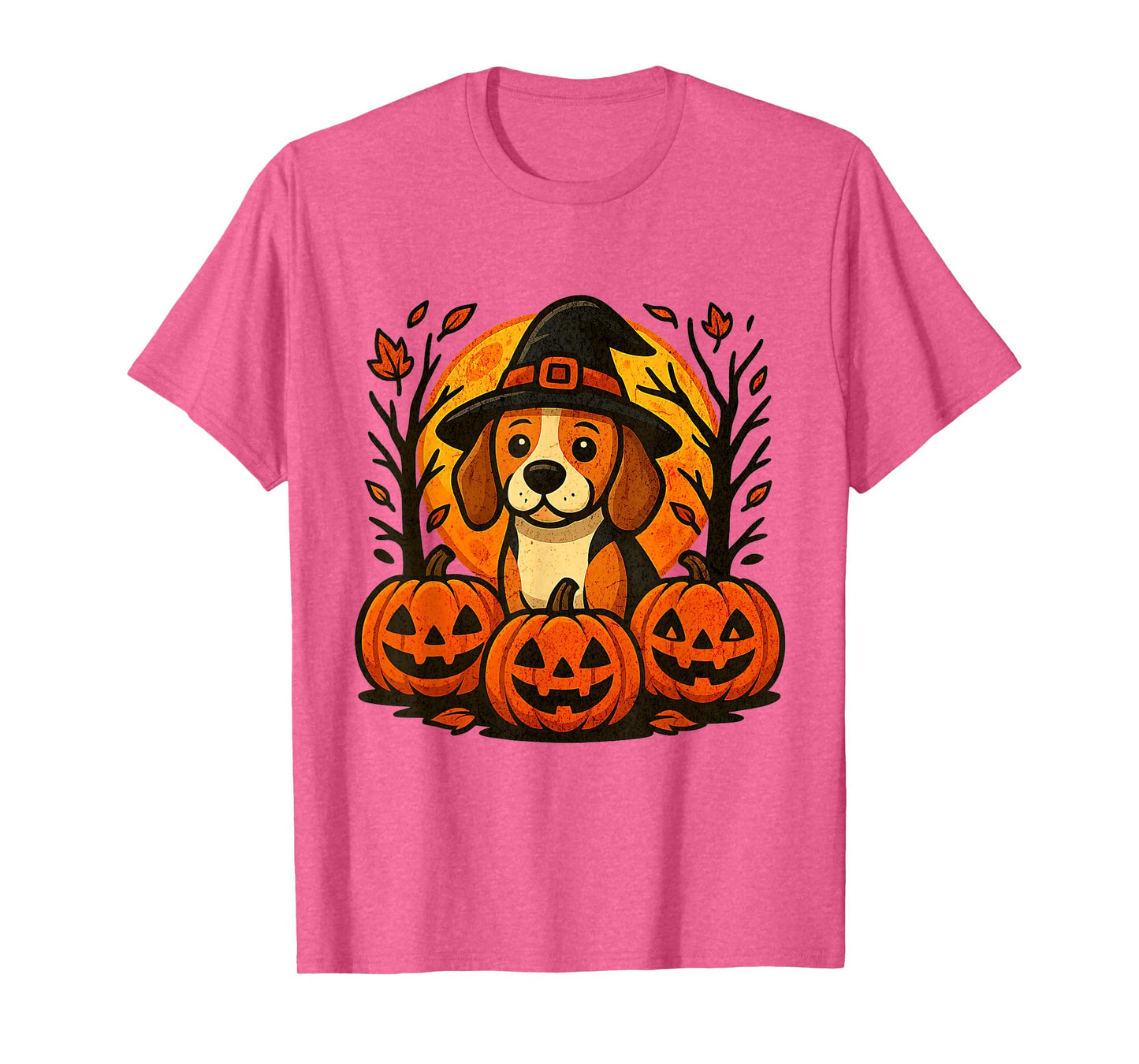 Halloween Cute Beagle Witch Hat Pumpkins Autumn Leaves T-Shirt
