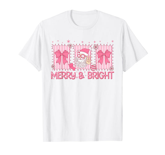 Merry and Bright Pink Coquette Santa Claus Bow Christmas T-Shirt