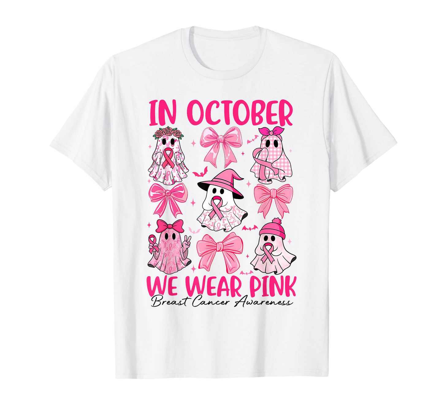 in October We Wear Pink Ghost Witch Breast Cancer Awareness T-Shirt