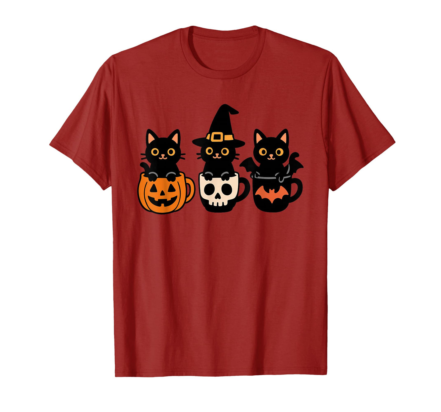 Halloween Cats in Mugs with Pumpkin Skull and Bat Cute Cat T-Shirt