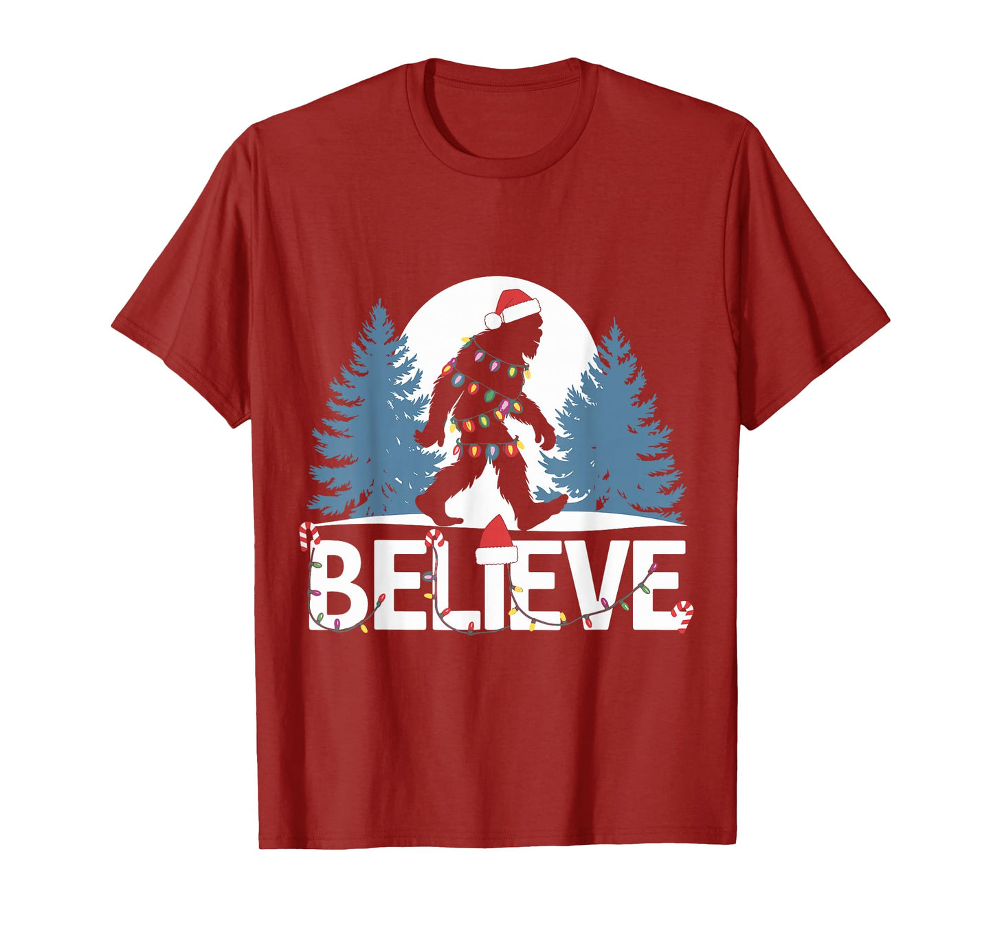 Santa Bigfoot Christmas Lights Funny Sasquatch Believe Xmas T-Shirt