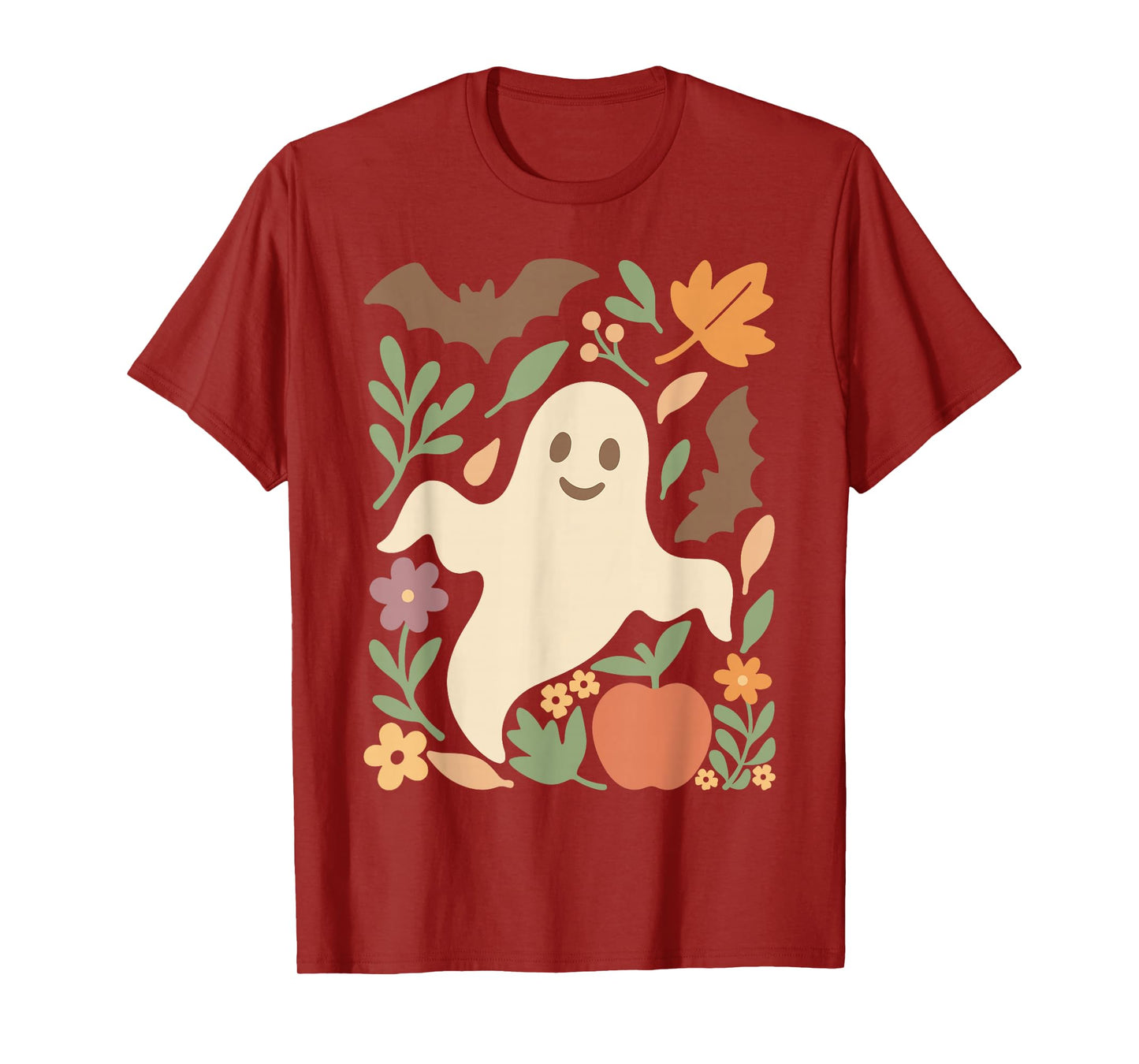 Cute Halloween Ghost All Leaves Bat Apple and Flowers Retro T-Shirt
