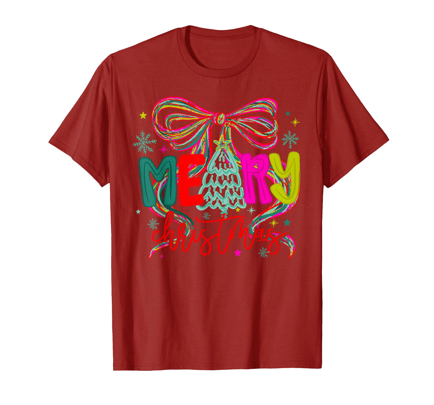 Coquette Bow Merry Christmas Xmas Tree Holiday Santa Squad T-Shirt