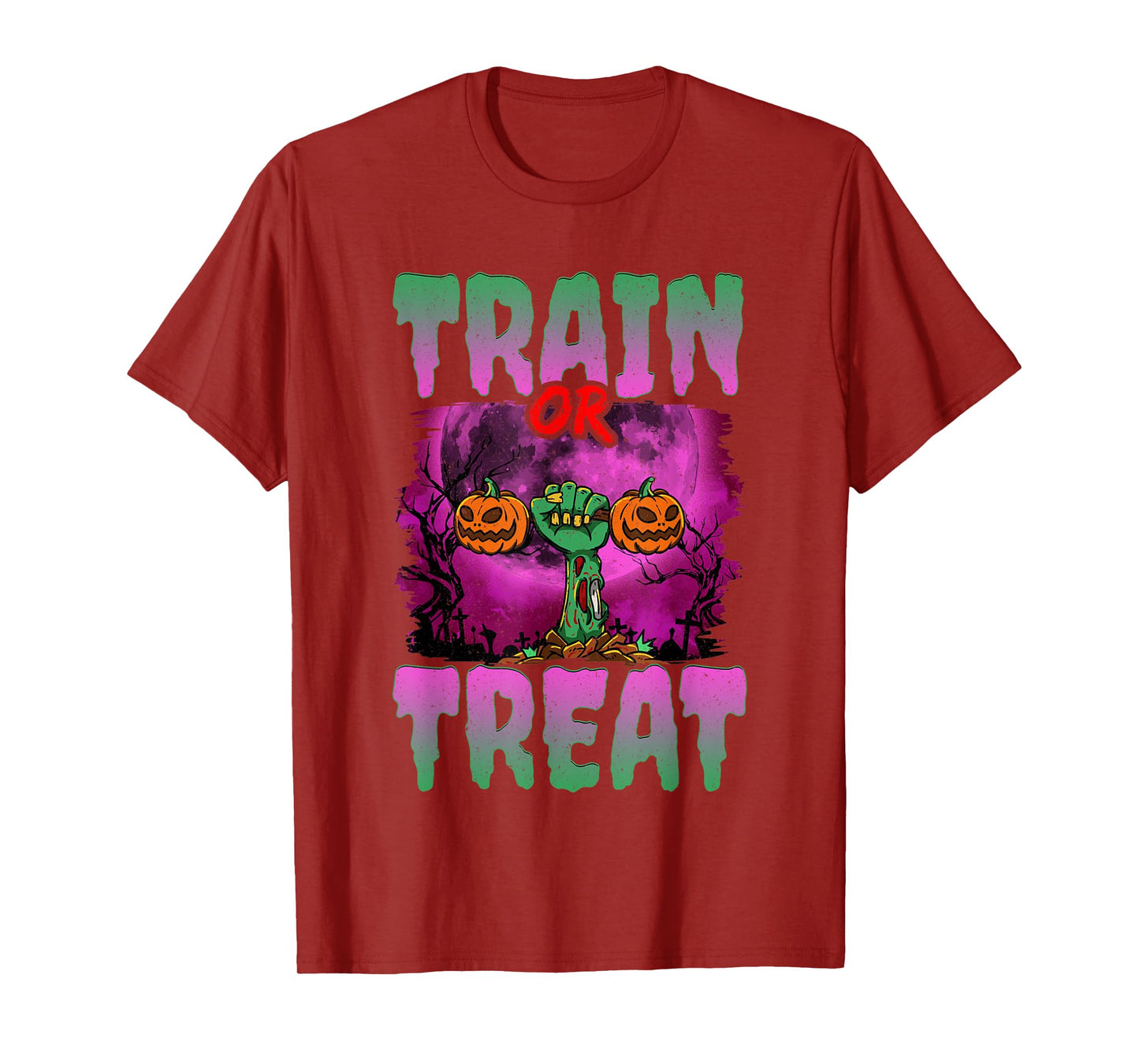 Train Or Treat Halloween Gym Weightlifting Zombie Fitness T-Shirt