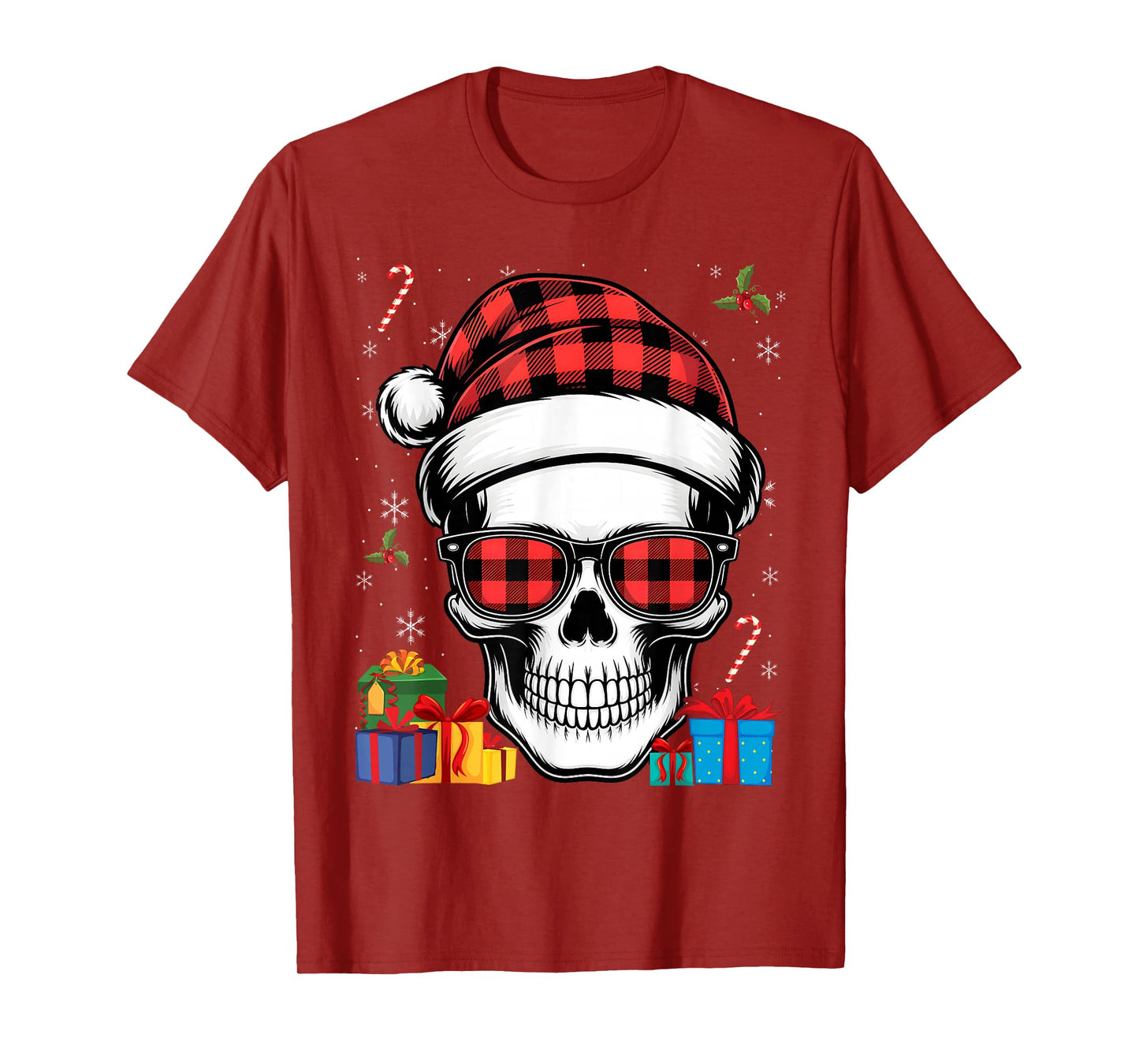 Skull Plaid Santa Hat Christmas Pajama Cool Skeleton X-Mas T-Shirt