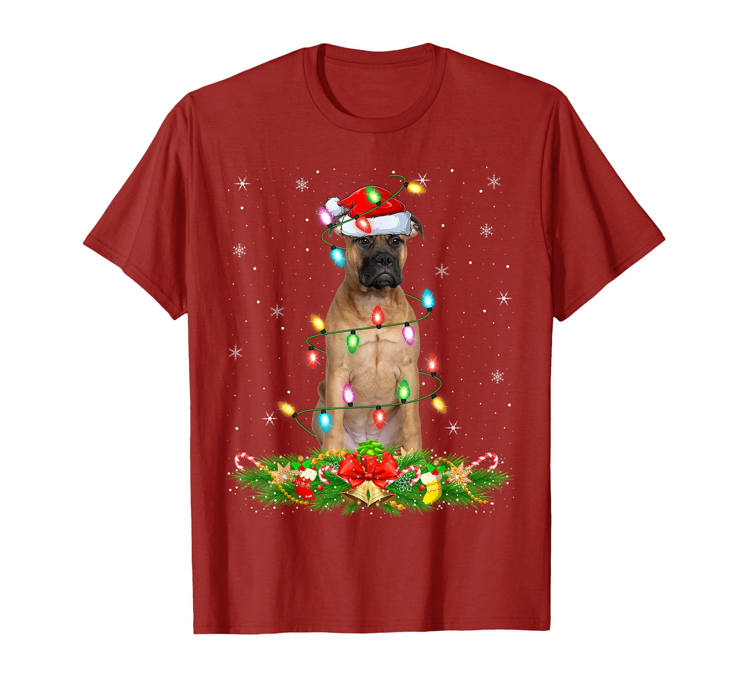 Bullmastiff Dog Christmas Lights Funny Santa Hat Xmas T-Shirt