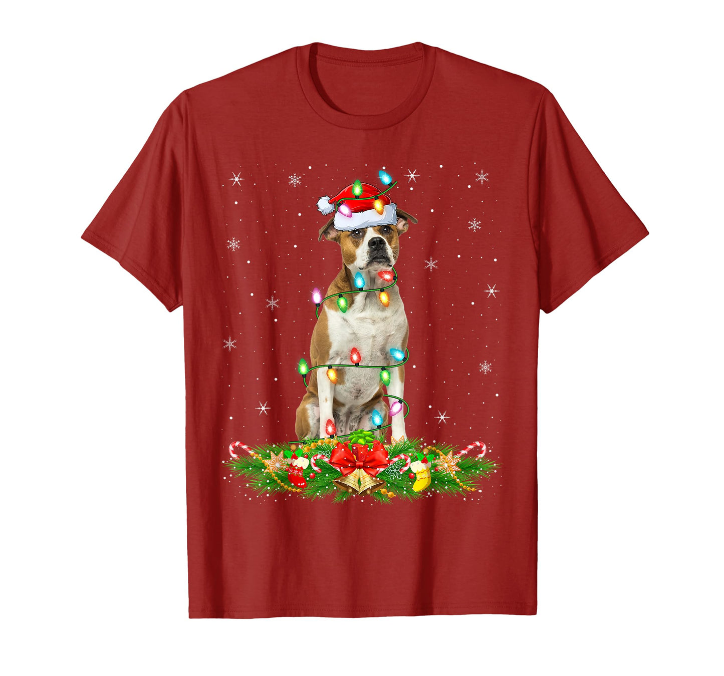 American Bulldog Christmas Lights Funny Santa Hat Xmas T-Shirt