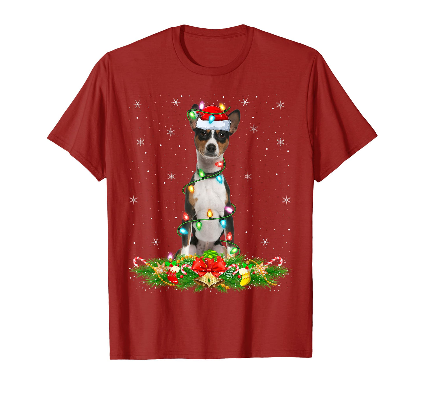 Basenji Dog Christmas Lights Funny Santa Hat Xmas T-Shirt
