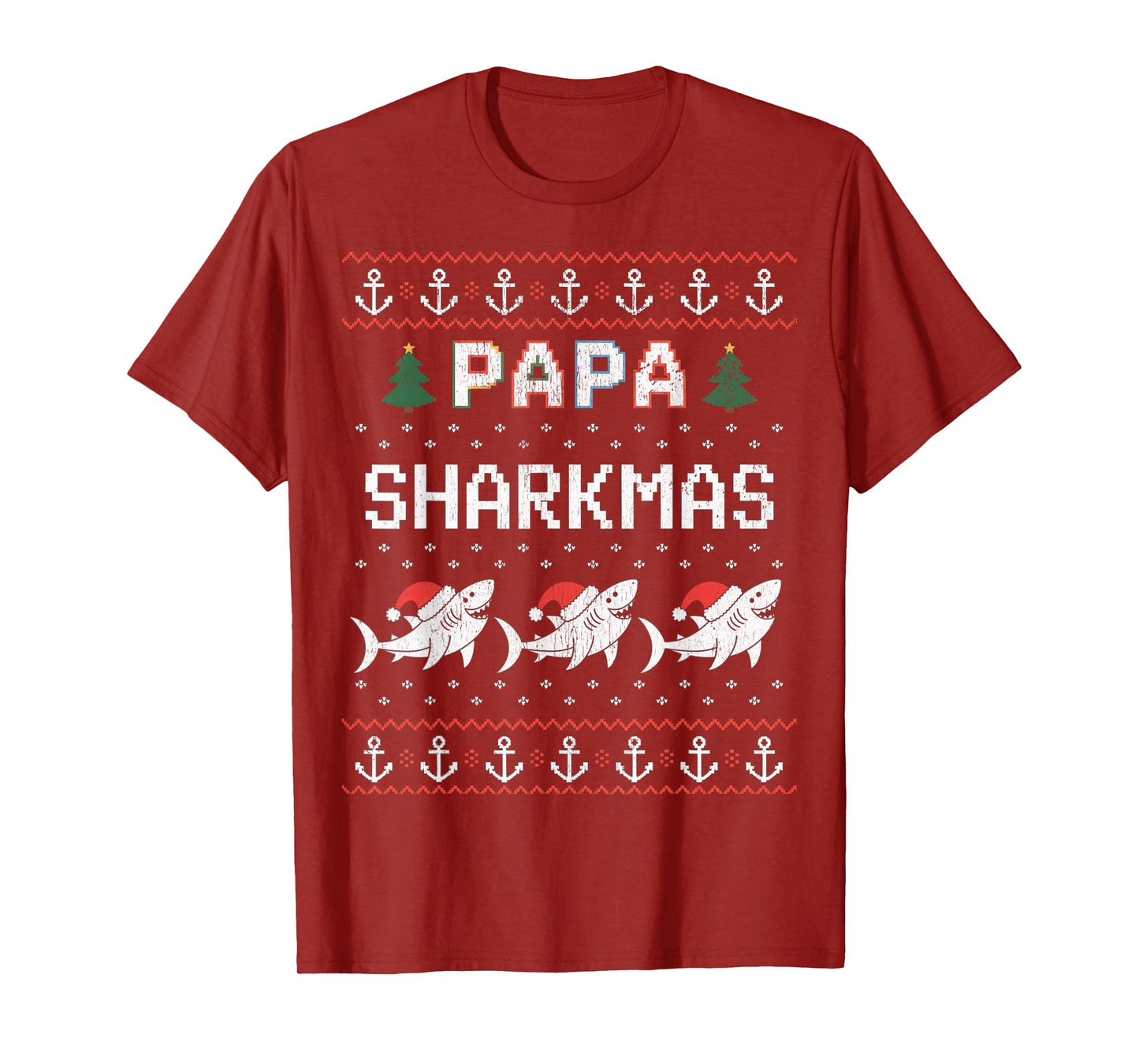 Papa Sharkmas Funny Shark Santa Hat Ugly Christmas Sweater T-Shirt
