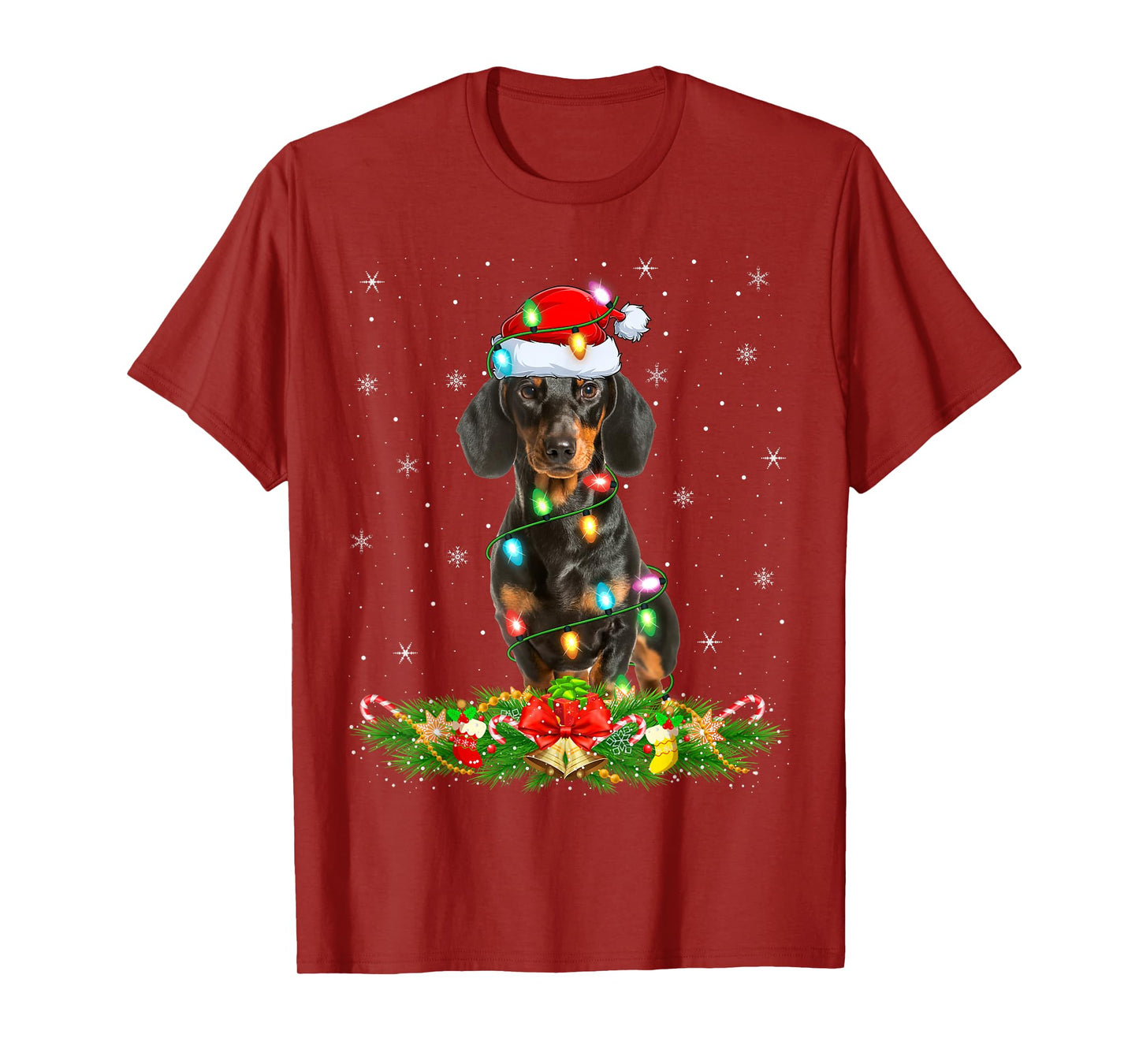 Dachshund Dog Christmas Lights Funny Santa Hat Xmas T-Shirt