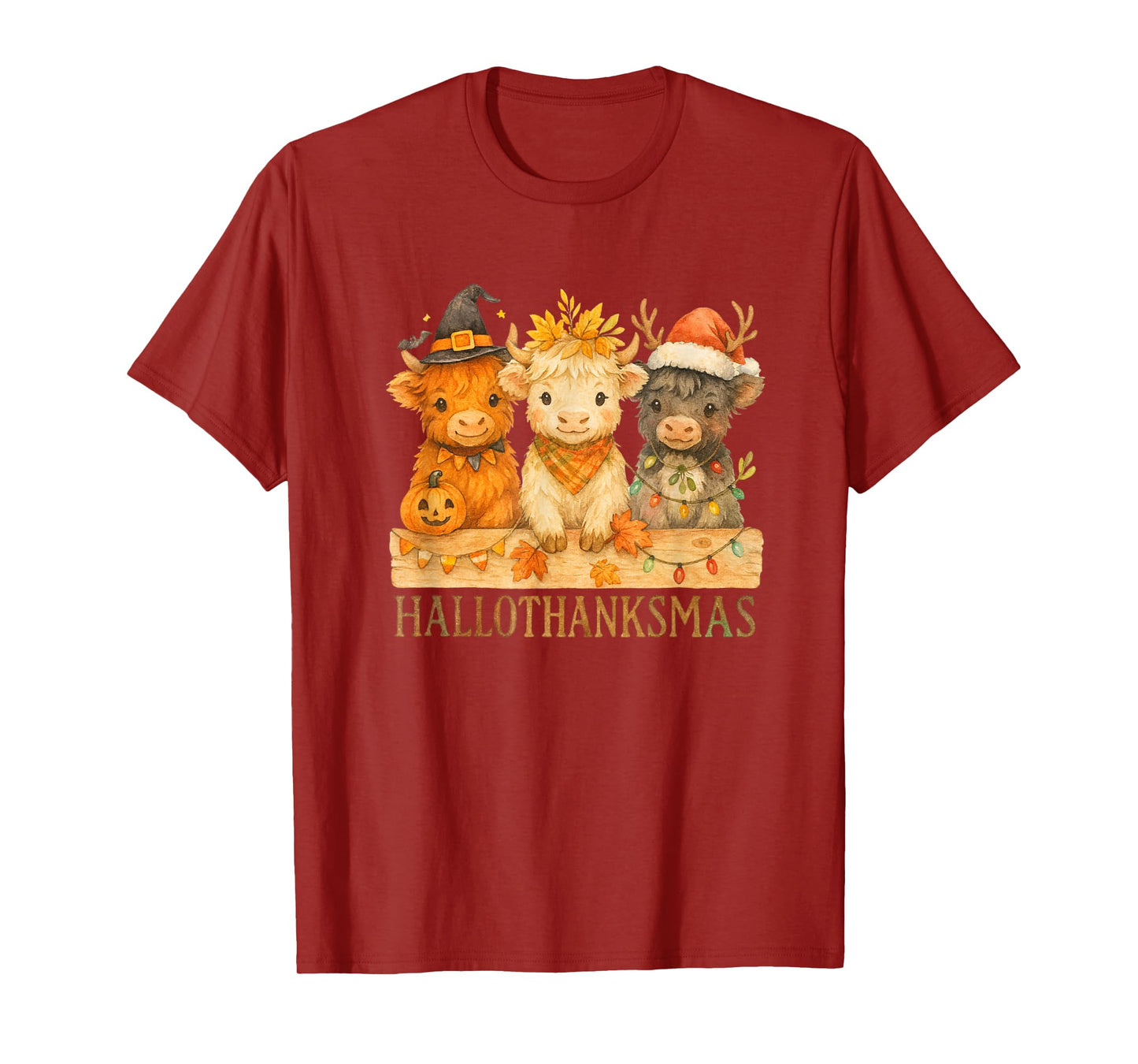 Hallothanksmas Highland Cow Trio Halloween Thanksgiving T-Shirt