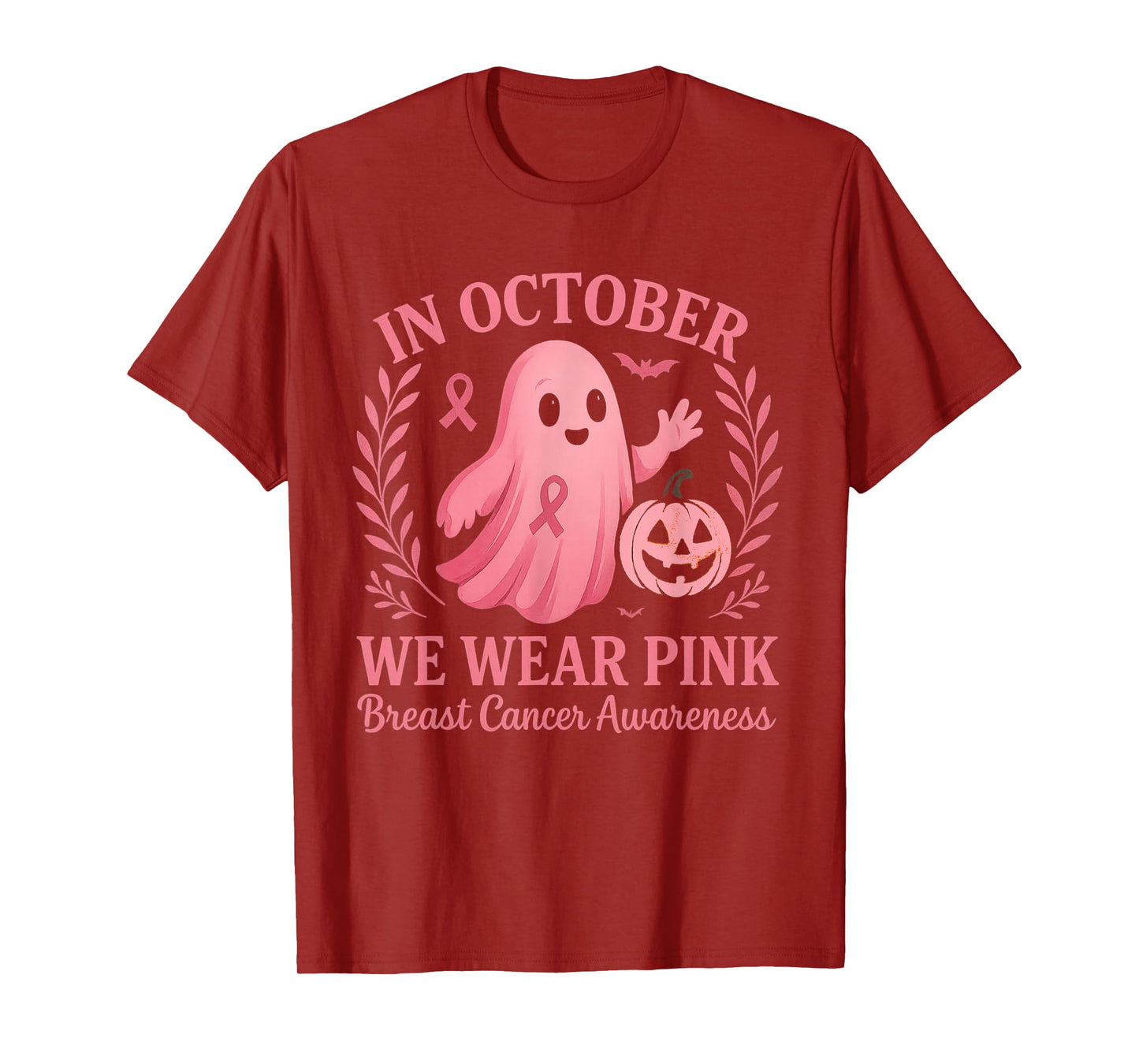in October We Wear Pink Ghost Witch Breast Cancer Awareness T-Shirt