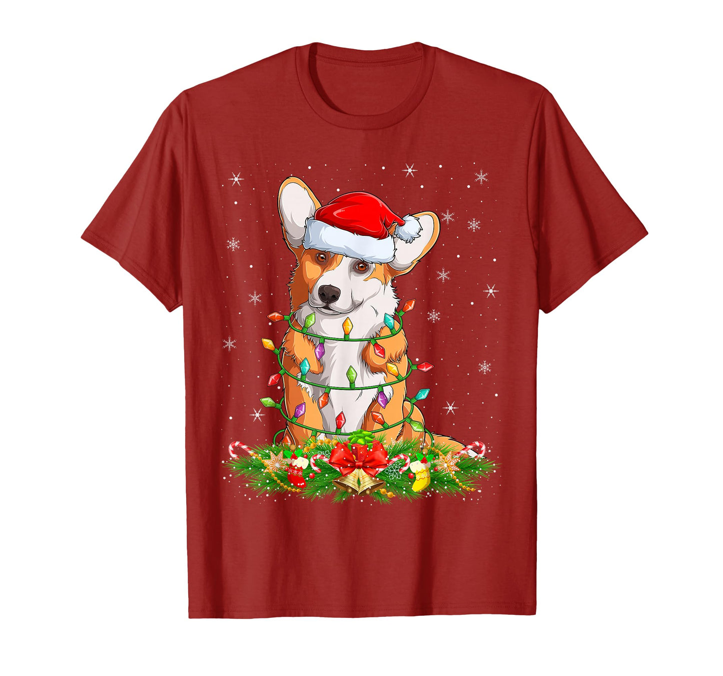 Corgi Dog Christmas Lights Funny Santa Hat Xmas T-Shirt