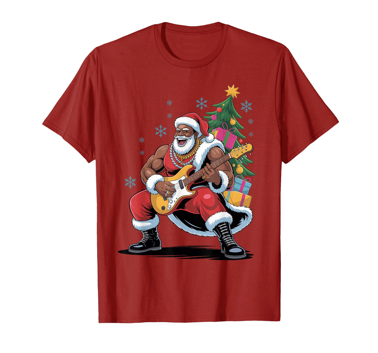 Afro Santa Playing Guitar African American Christmas Holiday T-Shirt