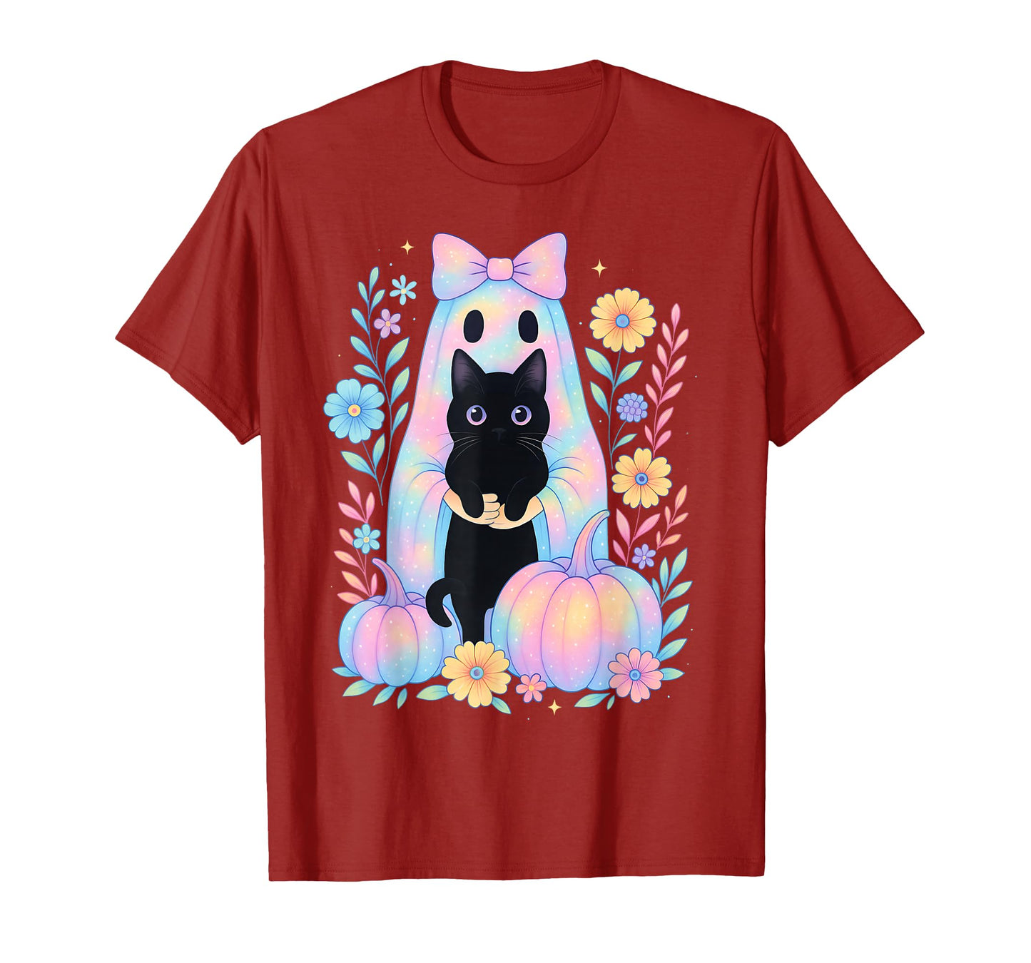Pastel Galaxy Halloween Ghost Holding Black Cat Floral Girls T-Shirt