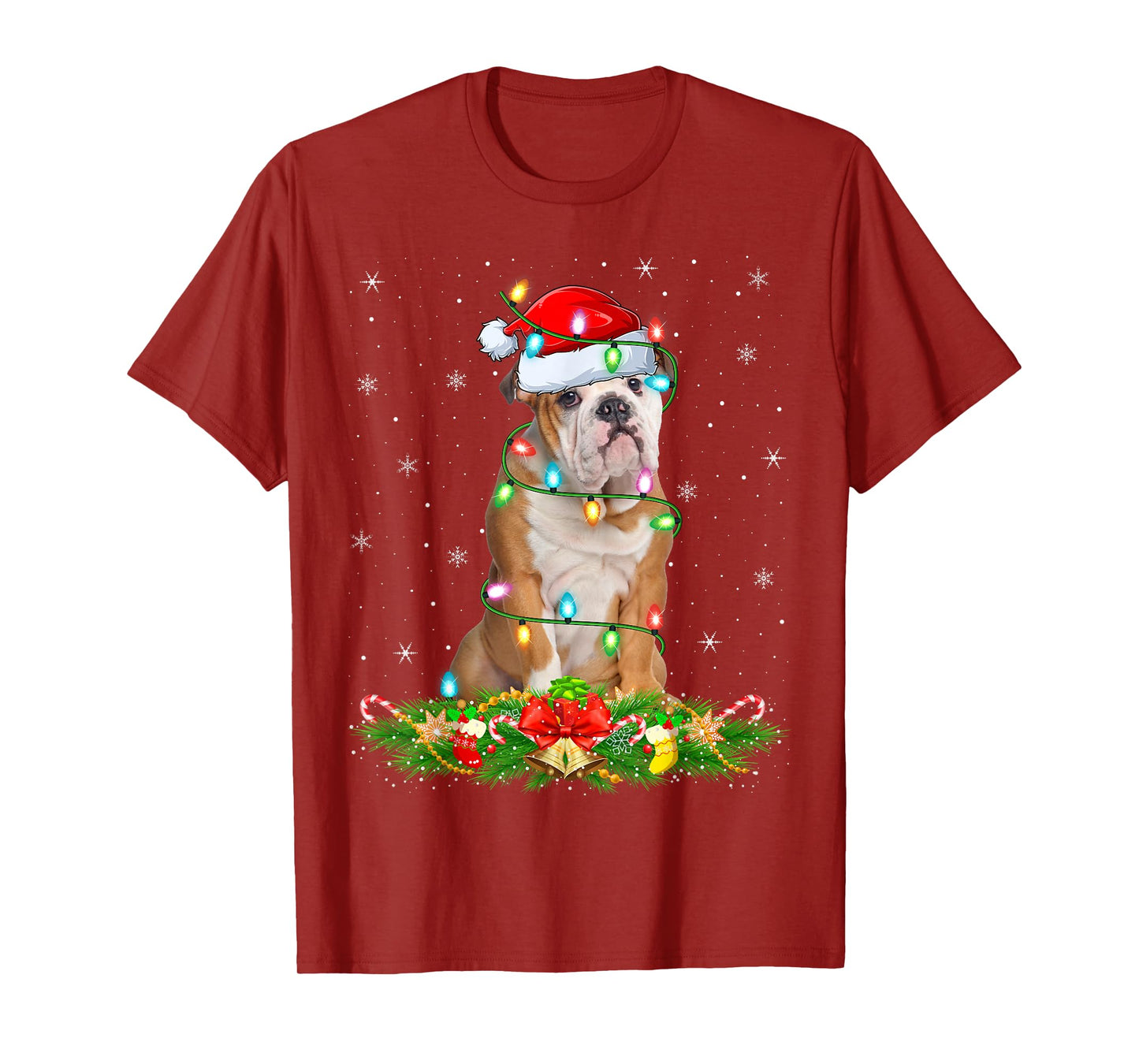 English Bulldog Christmas Lights Funny Santa Hat Xmas T-Shirt
