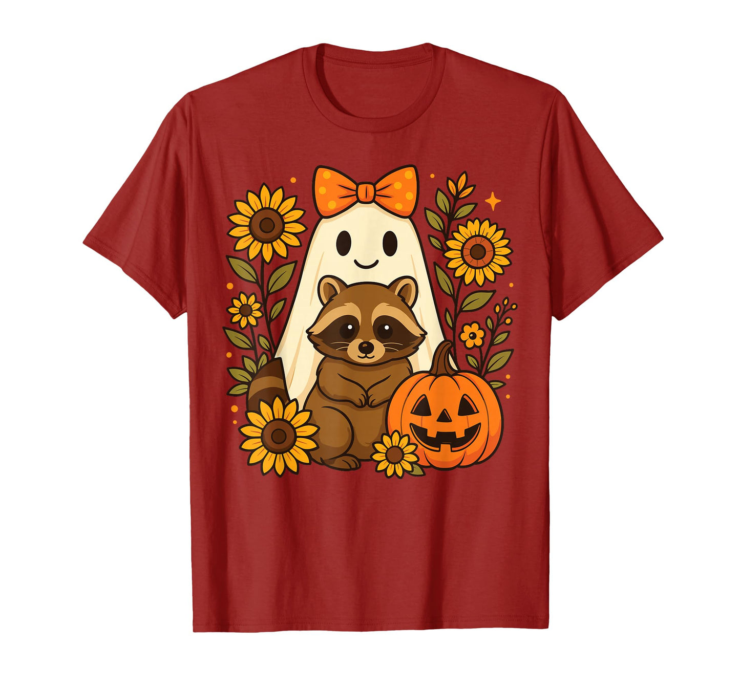 Vintage Halloween Ghost Holding Raccoon Groovy Floral Fall T-Shirt