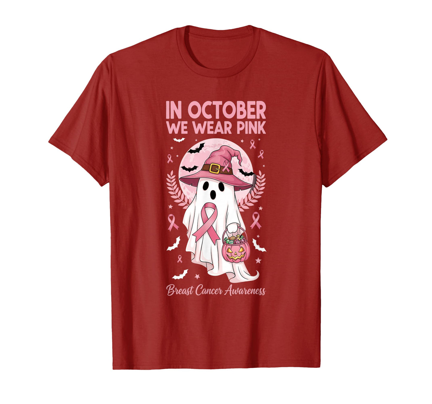 in October We Wear Pink Ghost Breast Cancer Support Womens T-Shirt