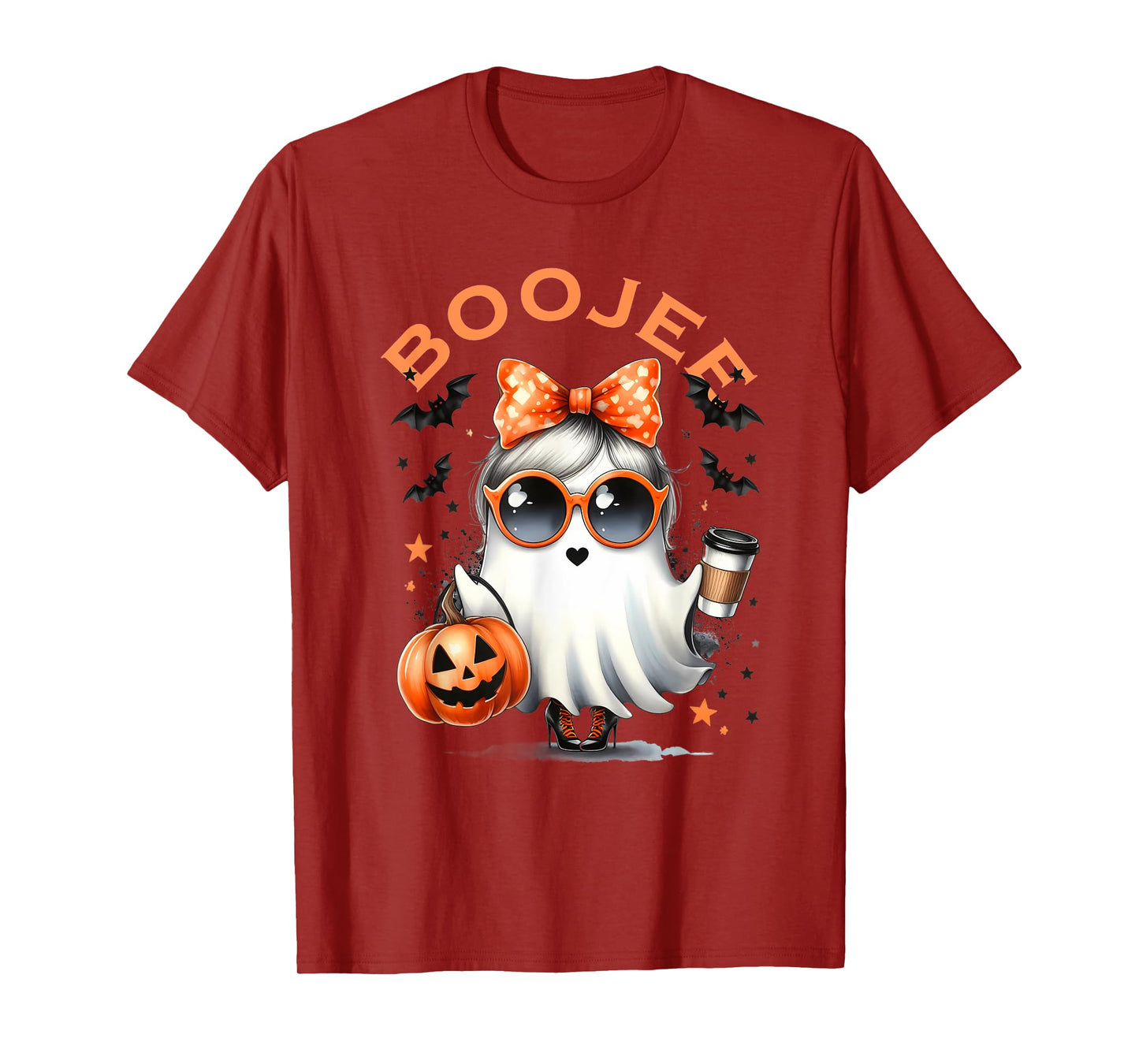 Boo Jee Ghost With Coffee Coquette Bow Halloween Women Girl T-Shirt
