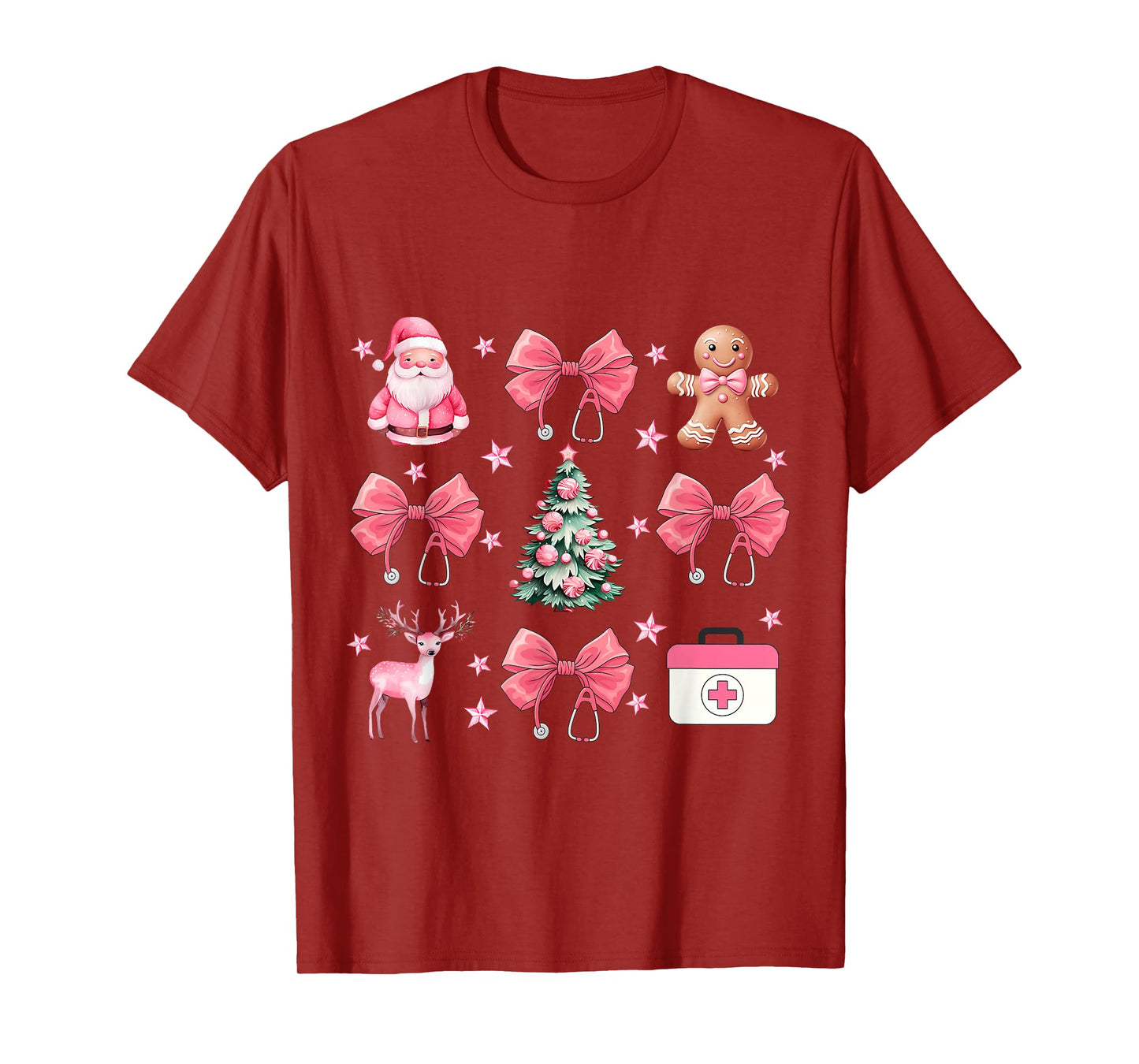 Coquette Bow Pink Nurse Tree Santa Gingerbread Christmas T-Shirt