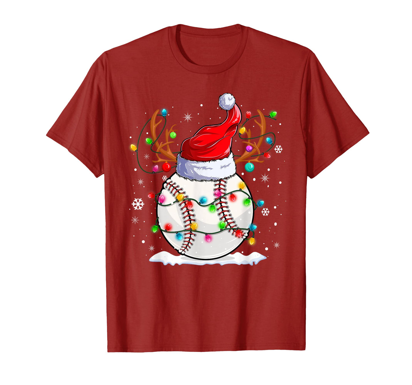 Baseball Santa Hat Reindeer Christmas Lights Funny Xmas T-Shirt