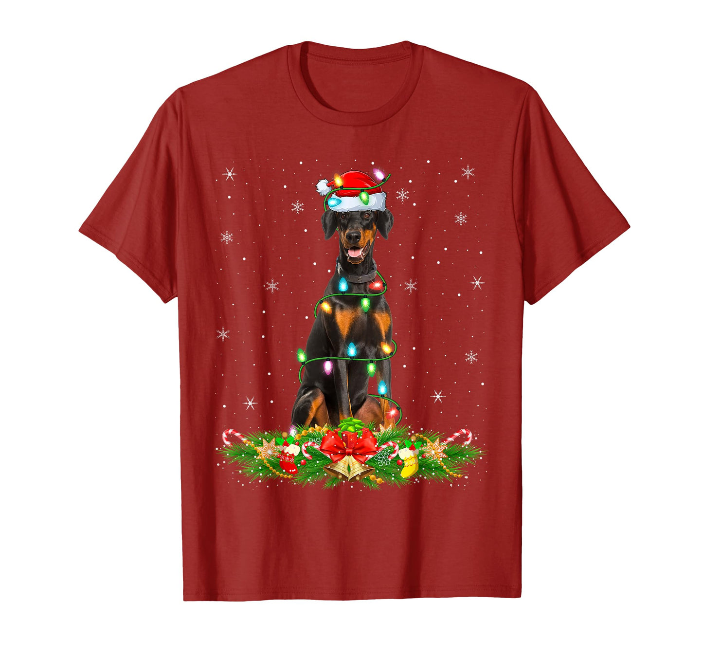 Dobermann Dog Christmas Lights Funny Santa Hat Xmas T-Shirt