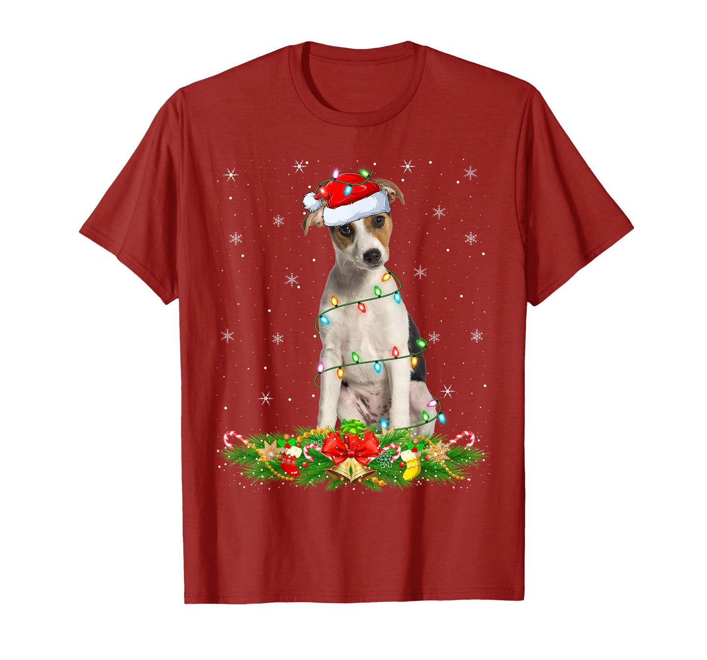 Fox Terrier Dog Christmas Lights Funny Santa Hat Xmas T-Shirt