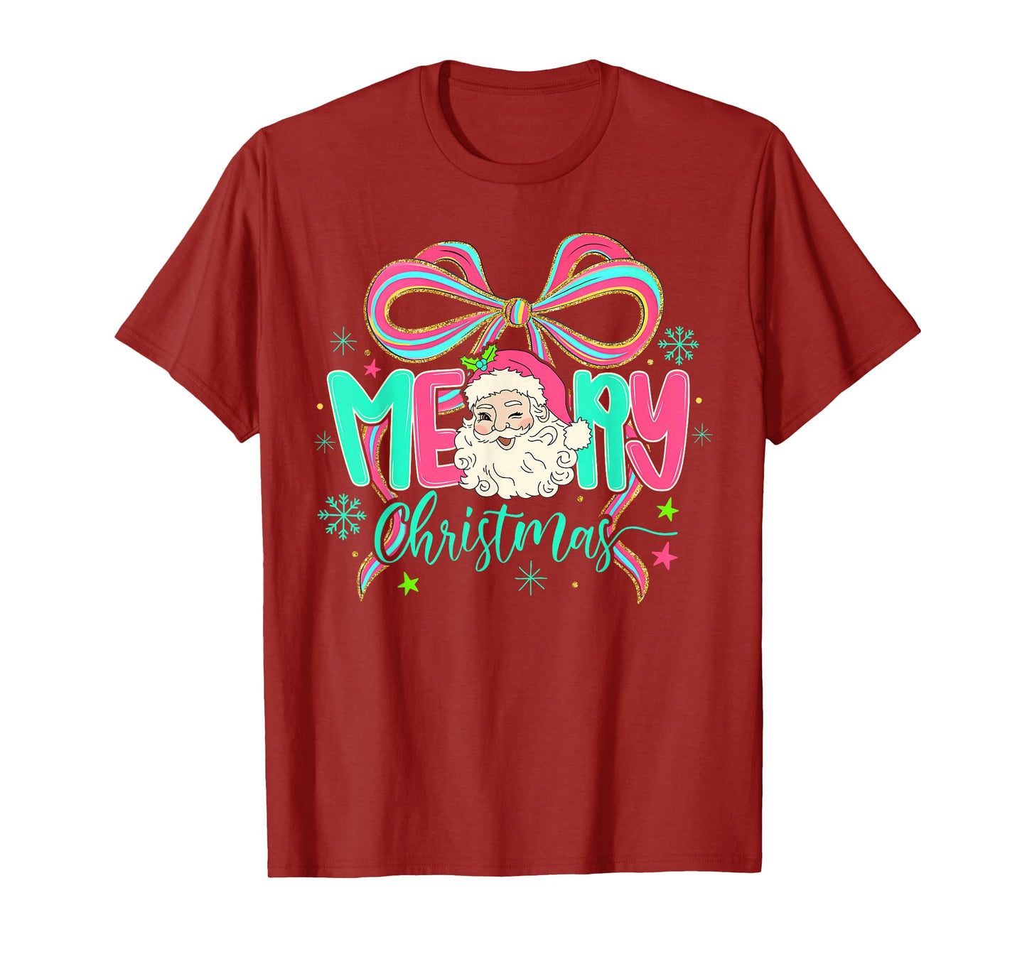 Coquette Bow Merry Christmas Xmas Santa Snowflake Holiday T-Shirt
