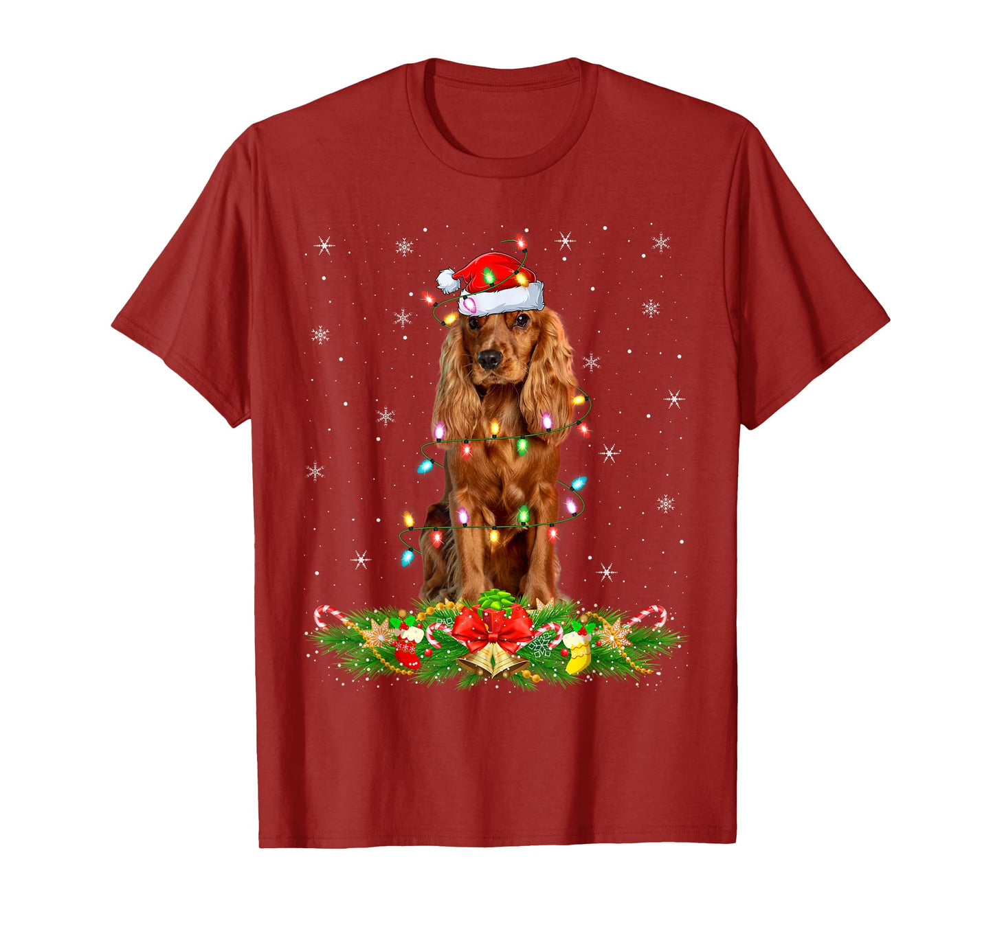 Cocker Spaniel Dog Christmas Lights Funny Santa Hat Xmas T-Shirt