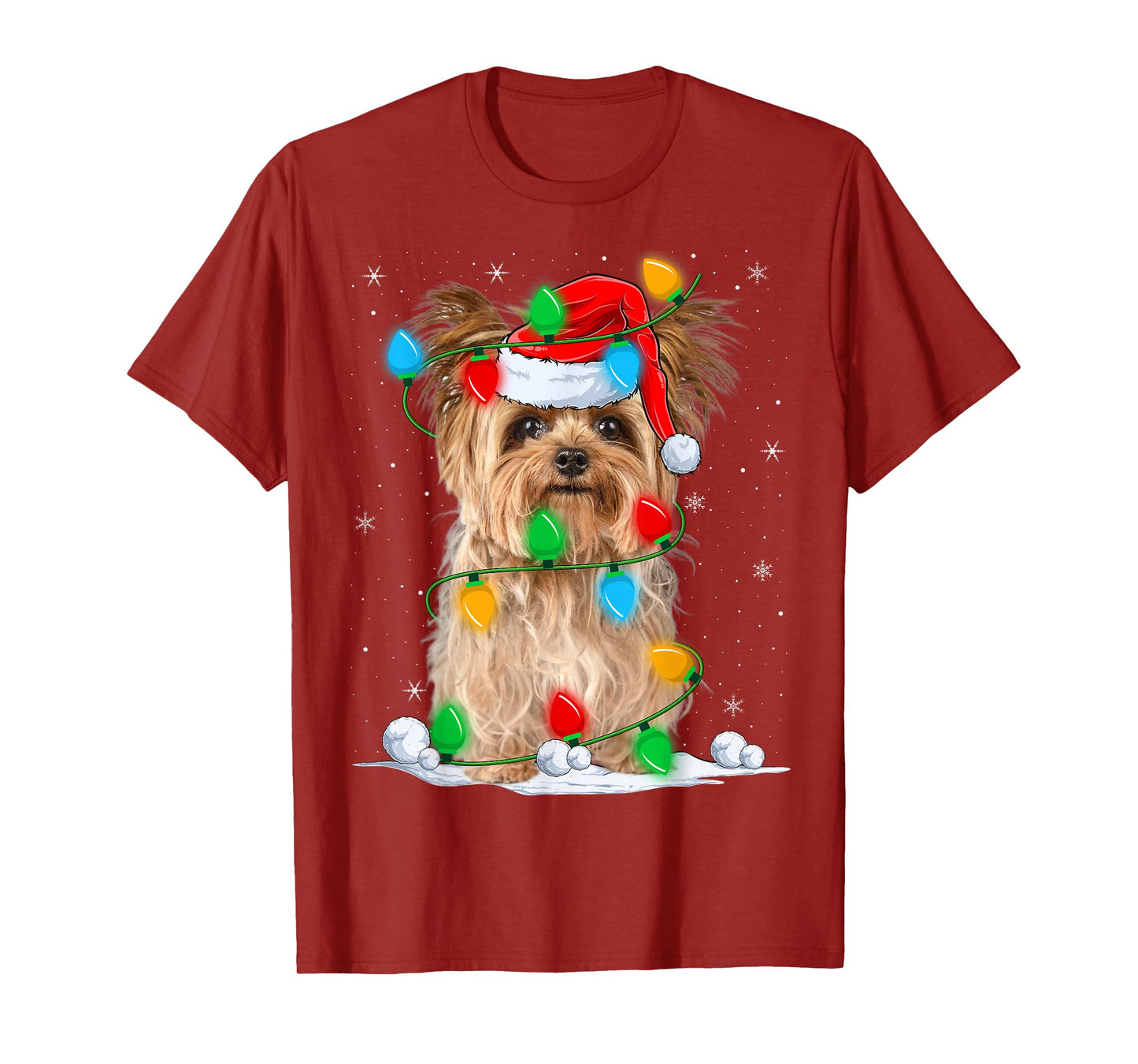 Yorkshire Terrier Dog Christmas Lights Funny Santa Hat Xmas T-Shirt