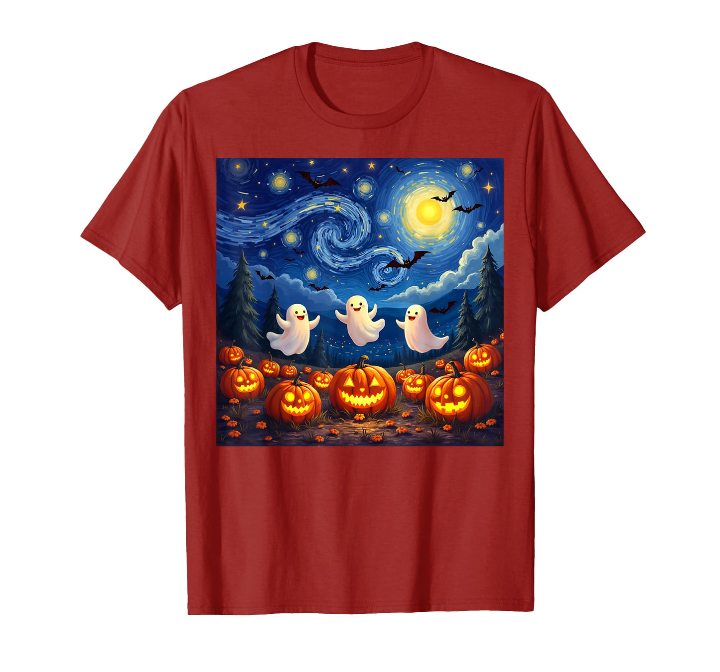 boo ghost halloween pumpkin Starry Night Van Gogh men women T-Shirt