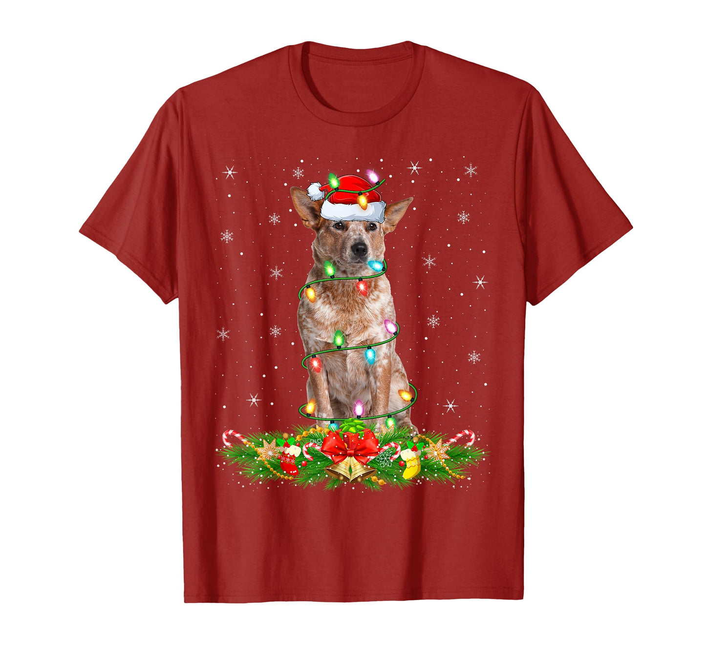 Australian Cattle Dog Christmas Lights Funny Santa Hat Xmas T-Shirt