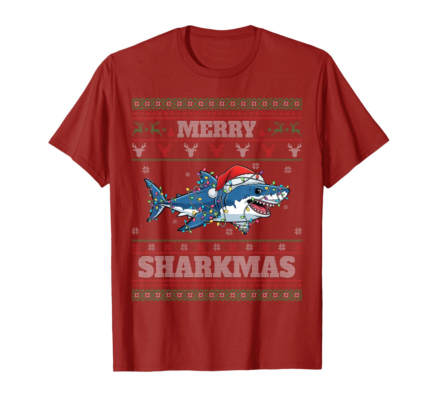 Merry Sharkmas Shark Lights Santa Hat Funny Ugly Christmas T-Shirt