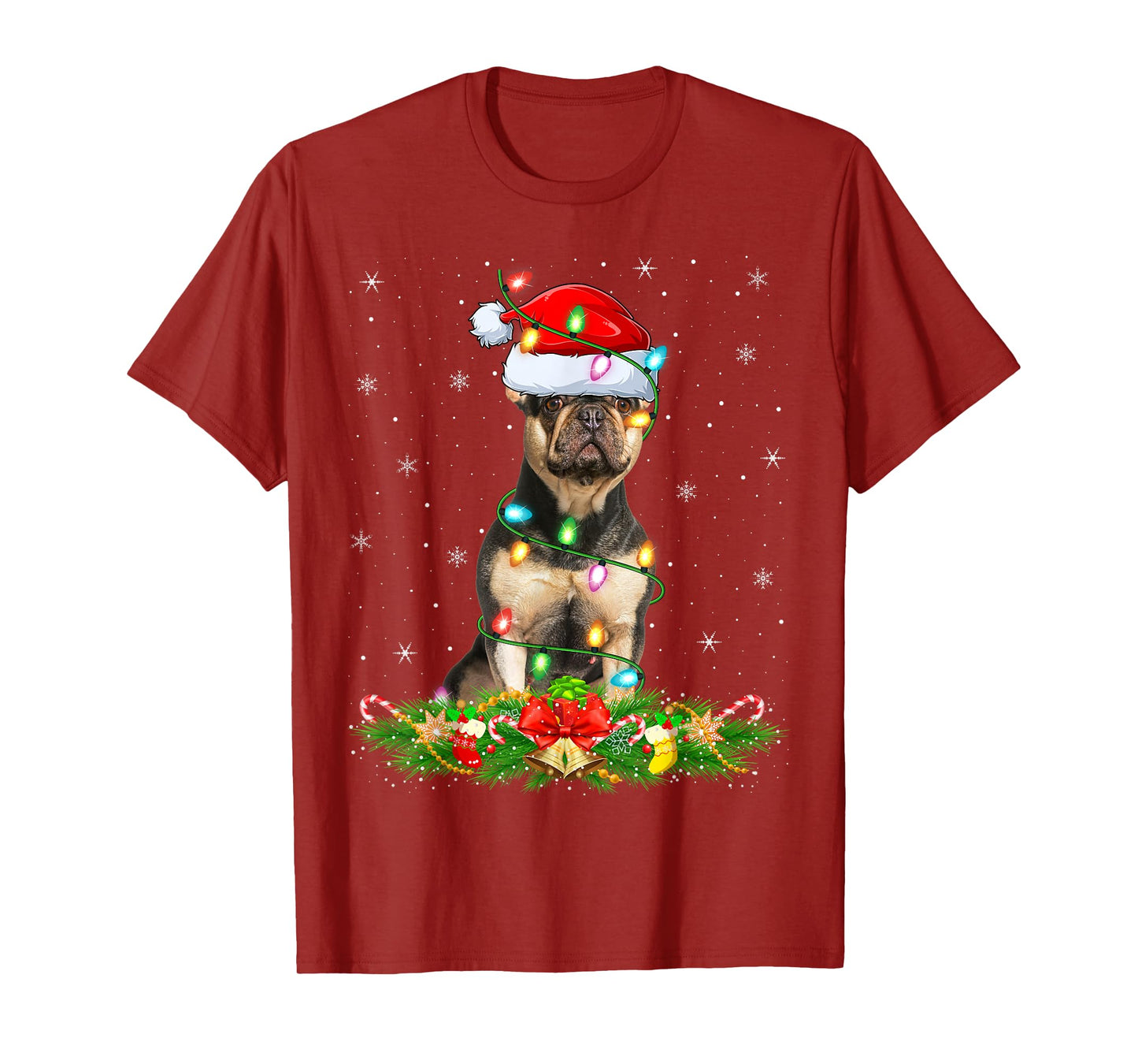 French Bulldog Christmas Lights Funny Santa Hat Xmas T-Shirt