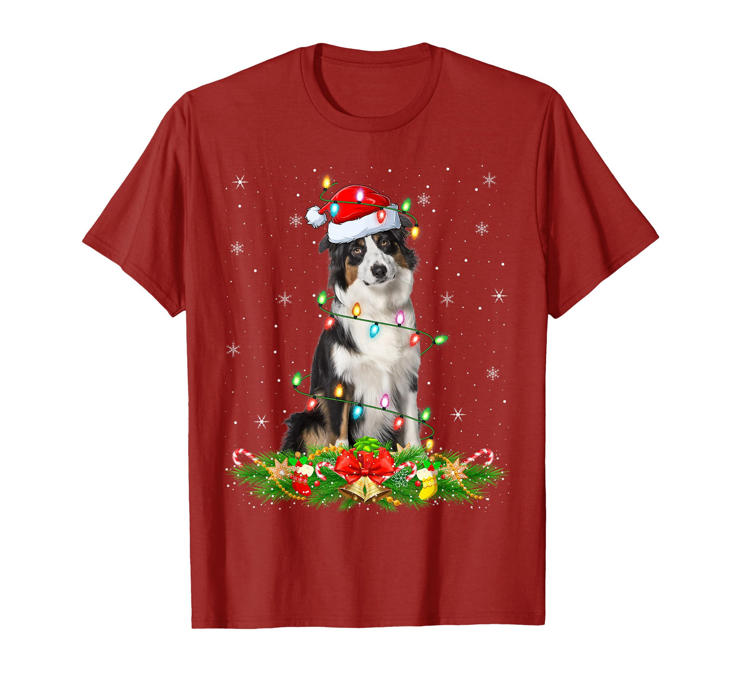 Australian Shepherd Dog Christmas Lights Santa Hat Xmas T-Shirt