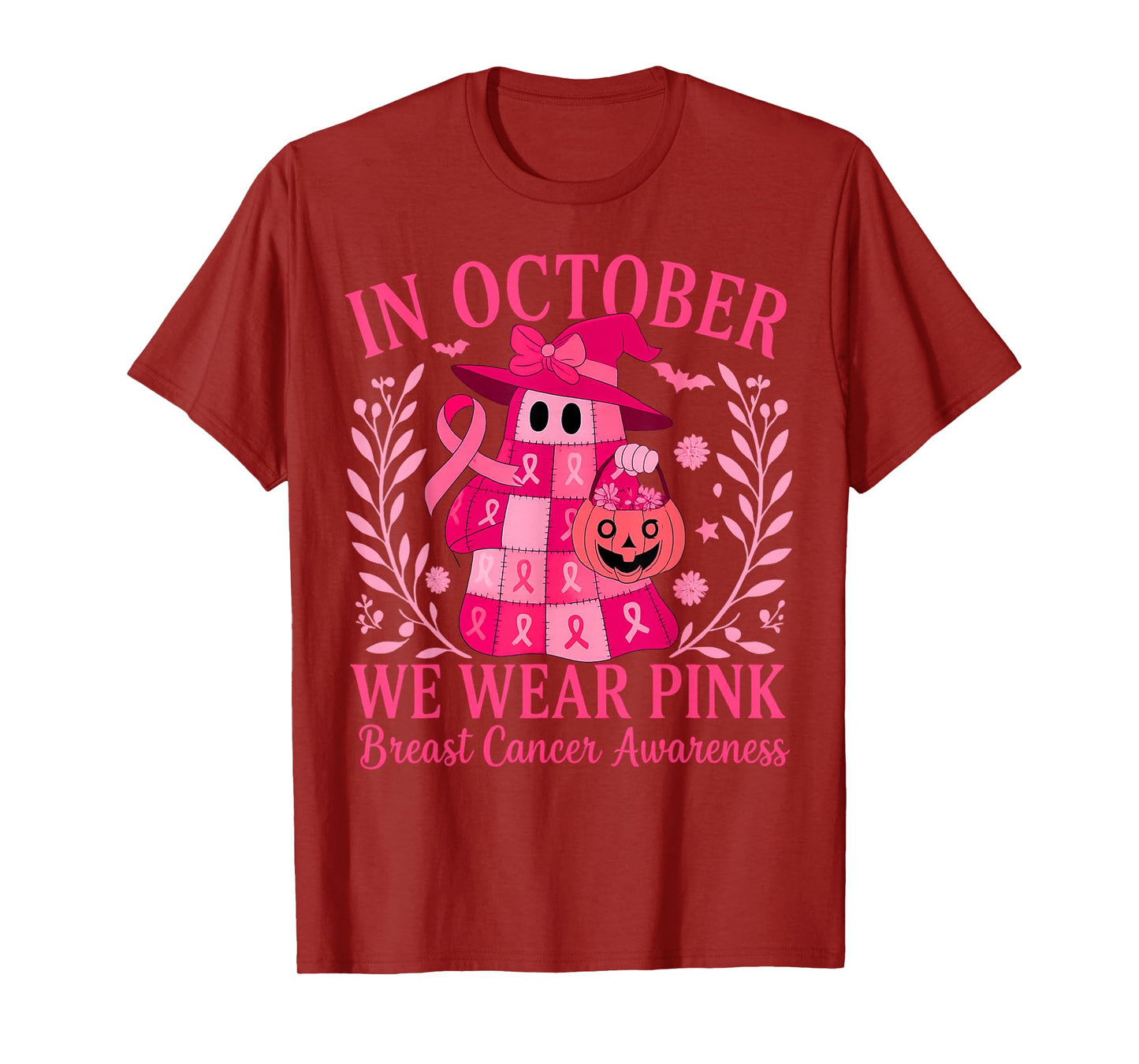 in October We Wear Pink Ghost Witch Breast Cancer Awareness T-Shirt