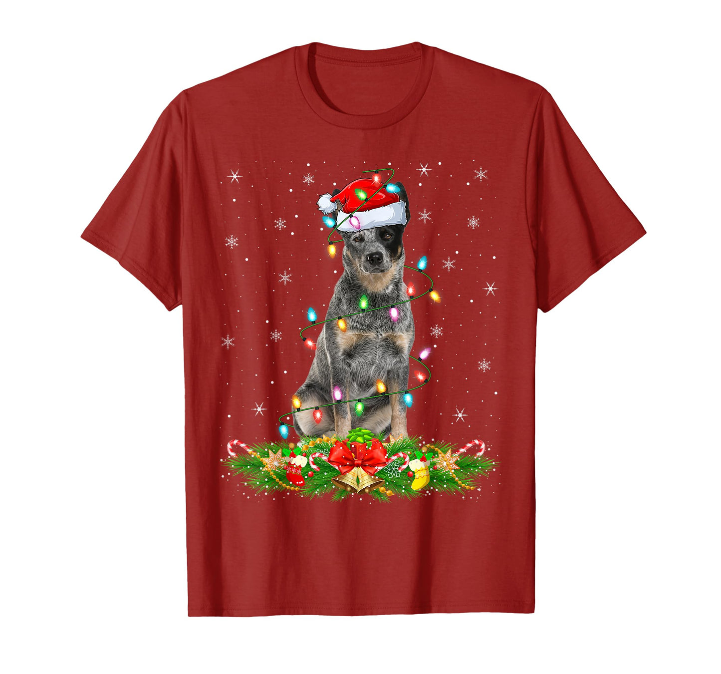 Blue Heeler Dog Christmas Lights Funny Santa Hat Xmas T-Shirt