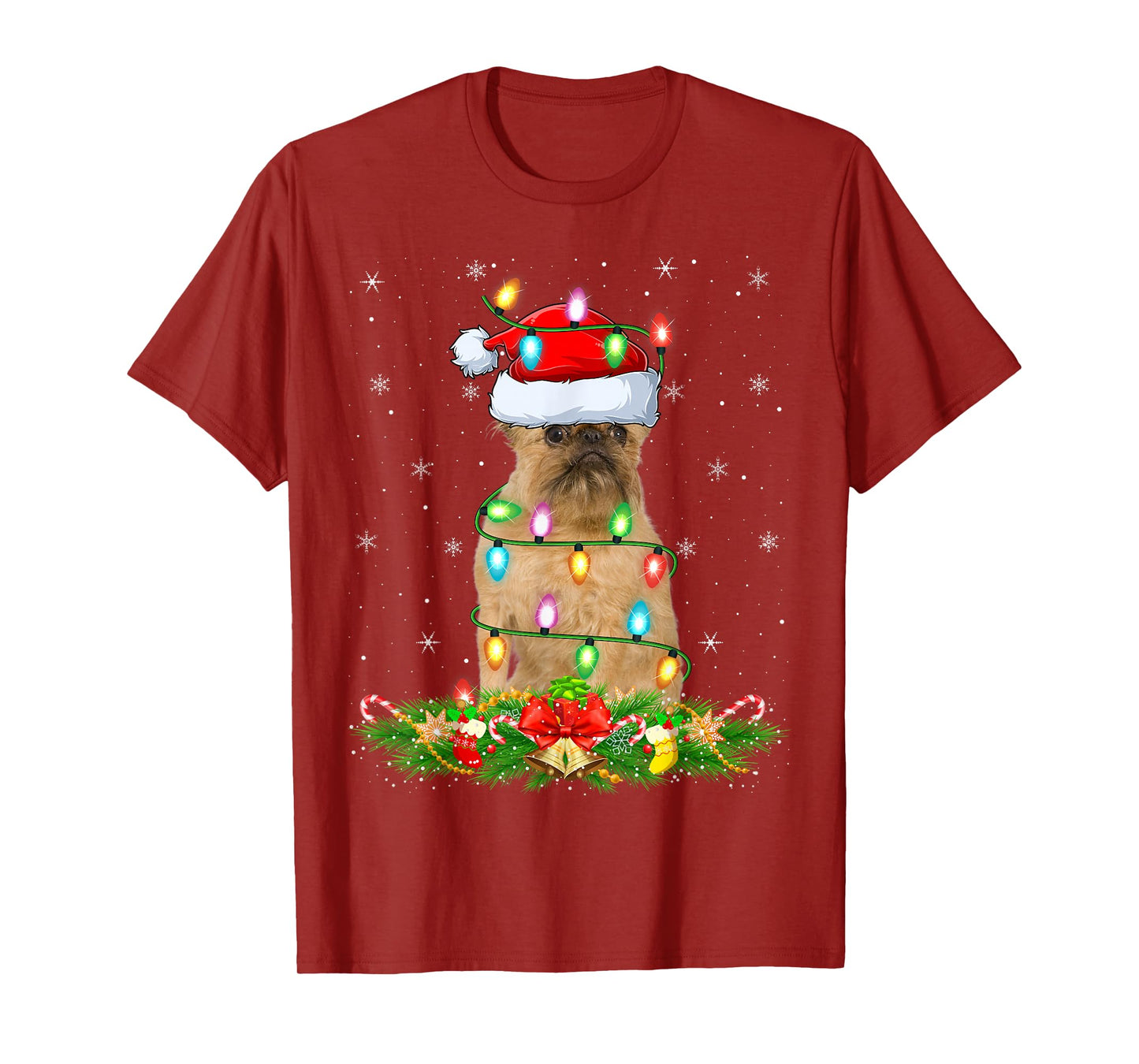 Brussels Griffon Dog Christmas Lights Funny Santa Hat Xmas T-Shirt
