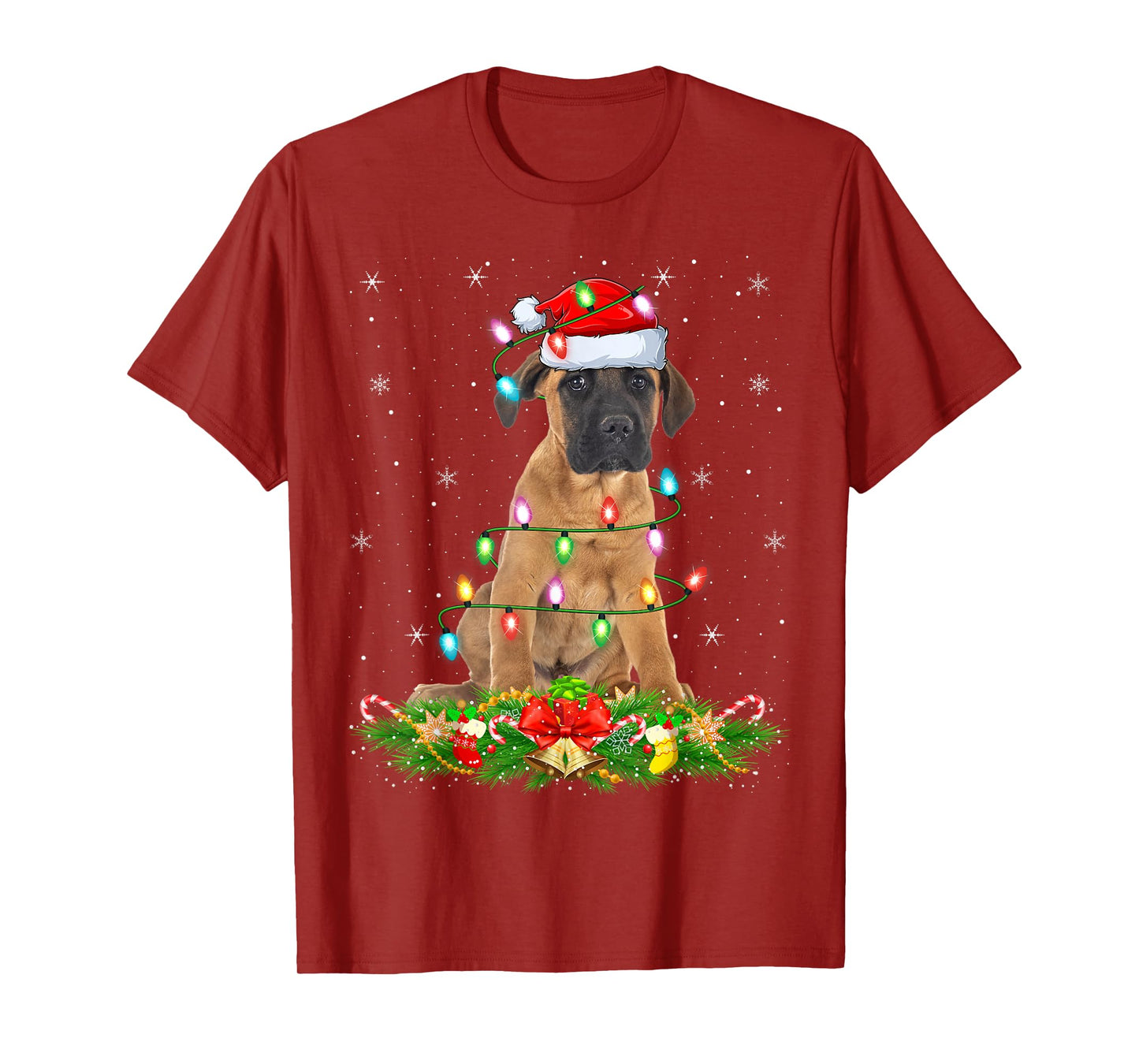 English Mastiff Dog Christmas Lights Funny Santa Hat Xmas T-Shirt