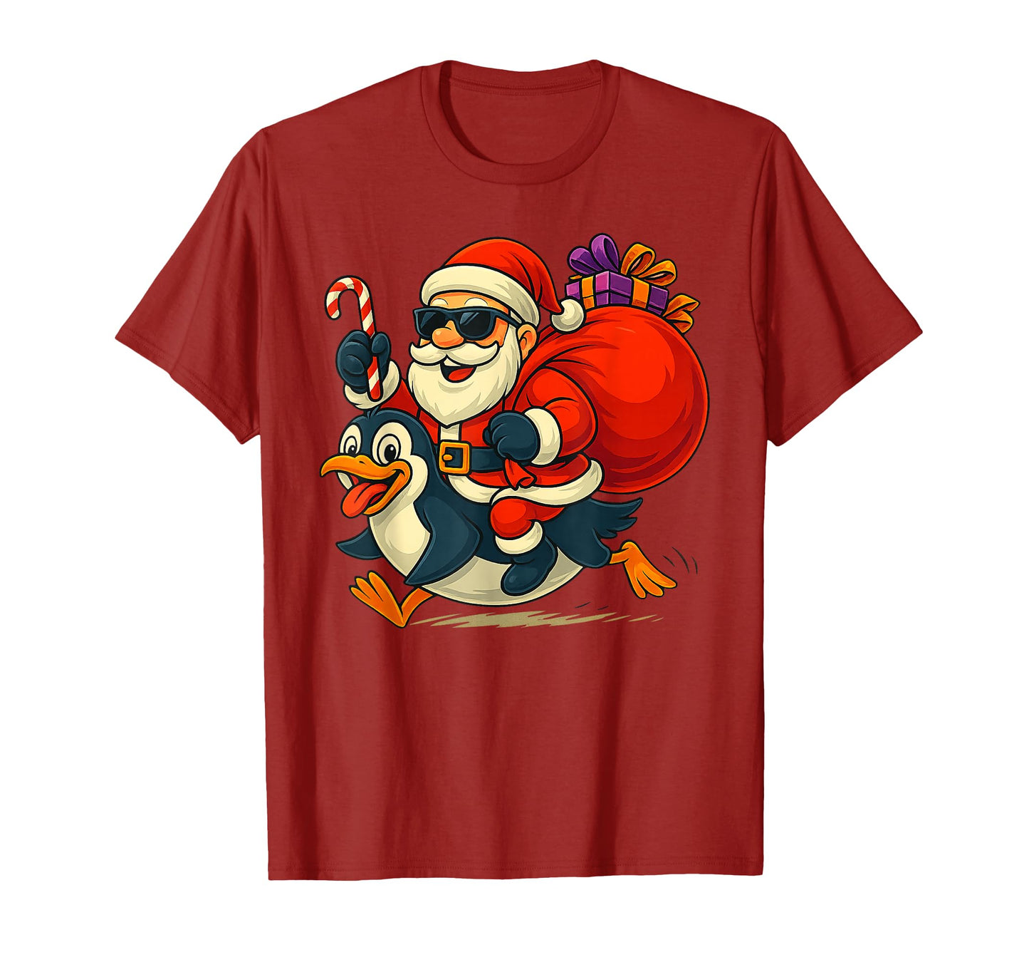 Santa Claus Riding Penguin X-mas Boys Men Merry Christmas T-Shirt