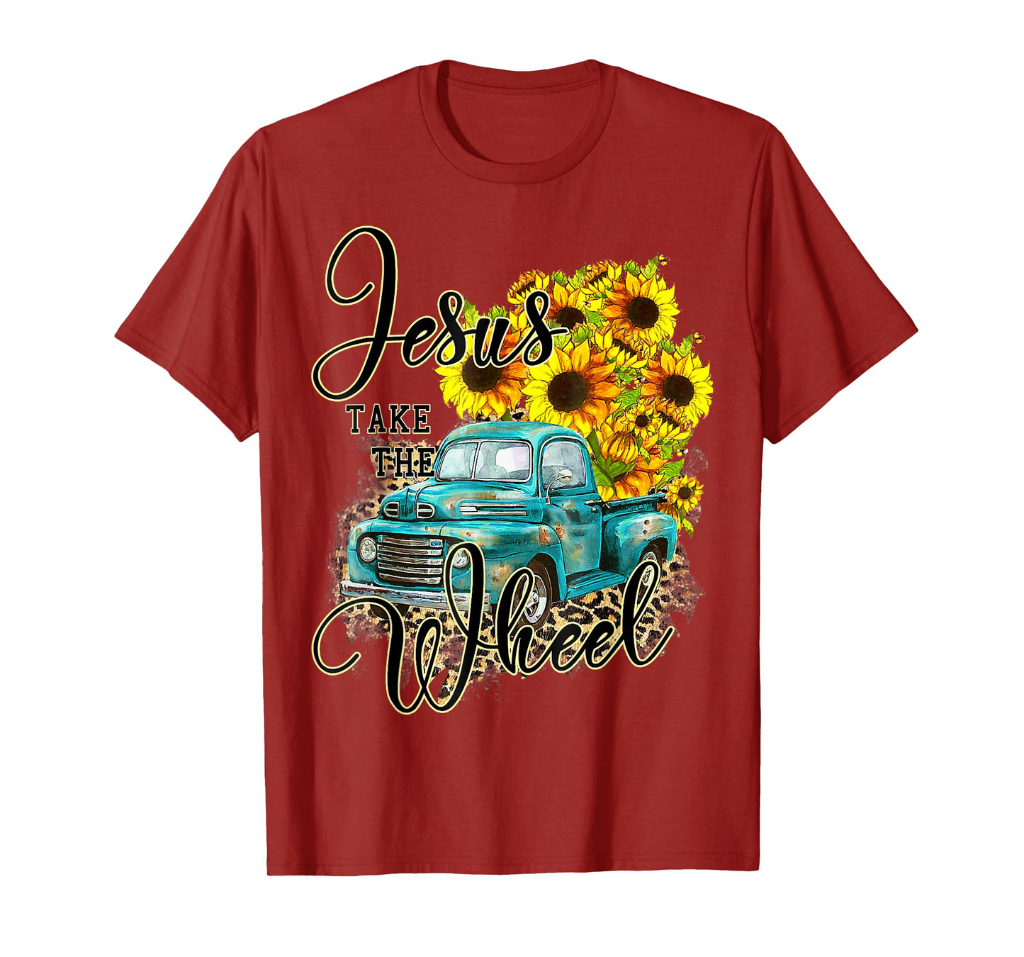 Sunflower Jesus Take The Wheel Christian Gift Leopard Print T-Shirt