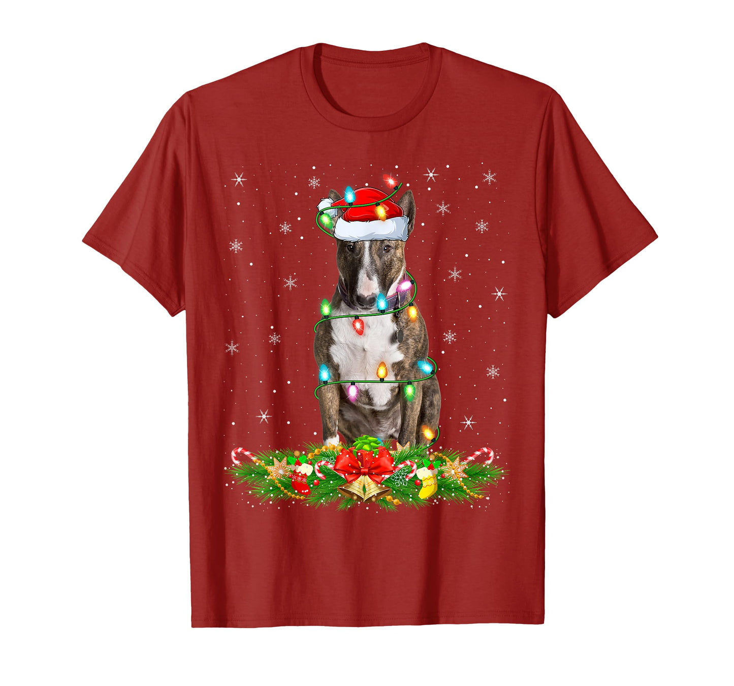 Bull Terrier Dog Christmas Lights Funny Santa Hat Xmas T-Shirt