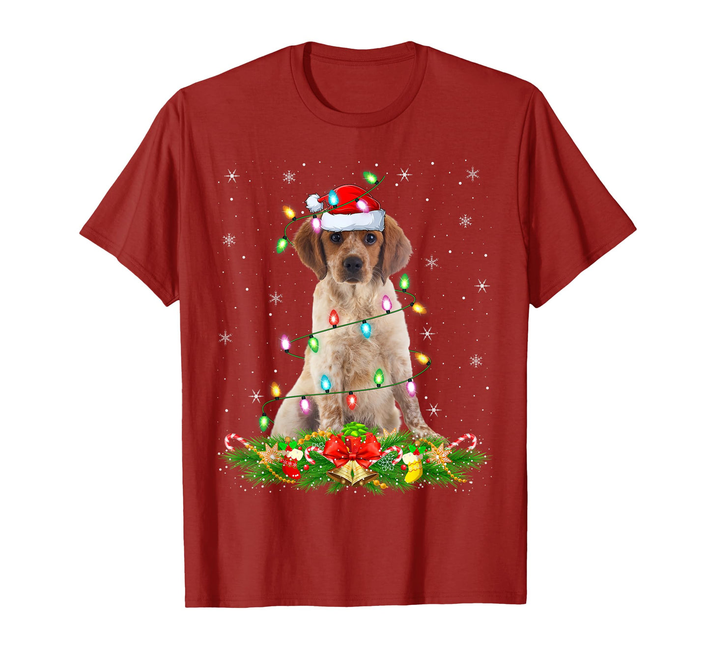 Brittany Spaniel Dog Christmas Lights Funny Santa Hat Xmas T-Shirt