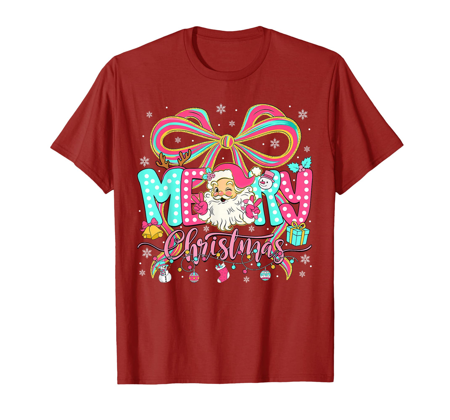Merry Christmas Coquette Bow Pink Christmas Santa Claus Girl T-Shirt