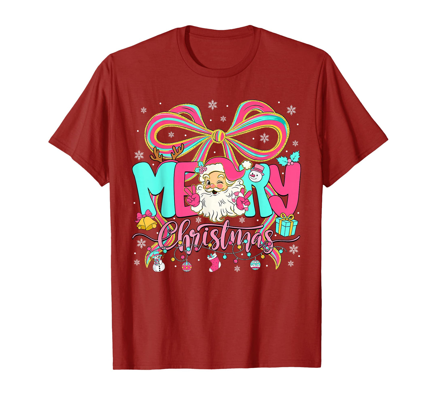 Merry Christmas Coquette Bow Pink Christmas Santa Claus Girl T-Shirt