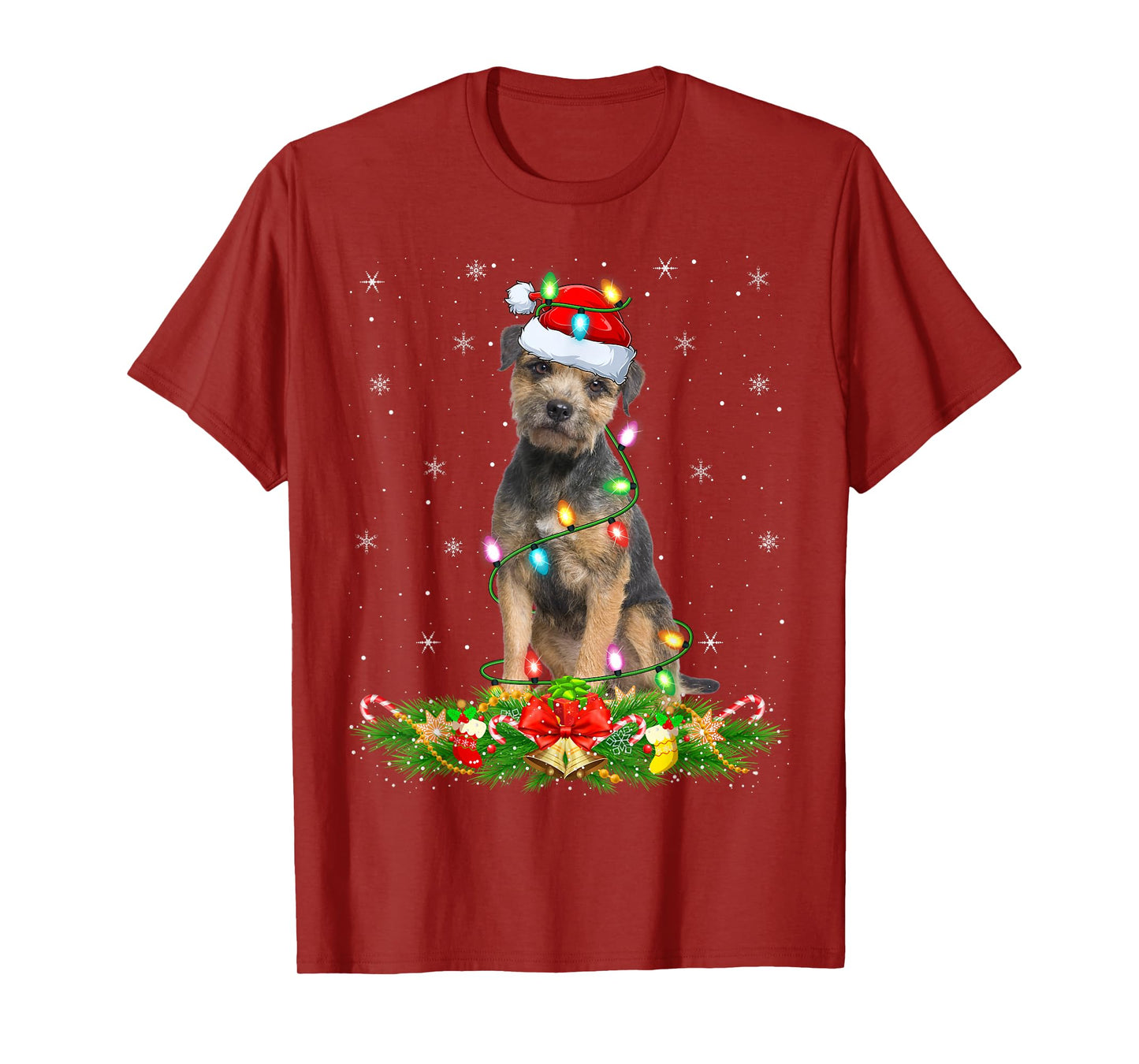 Border Terrier Dog Christmas Lights Funny Santa Hat Xmas T-Shirt