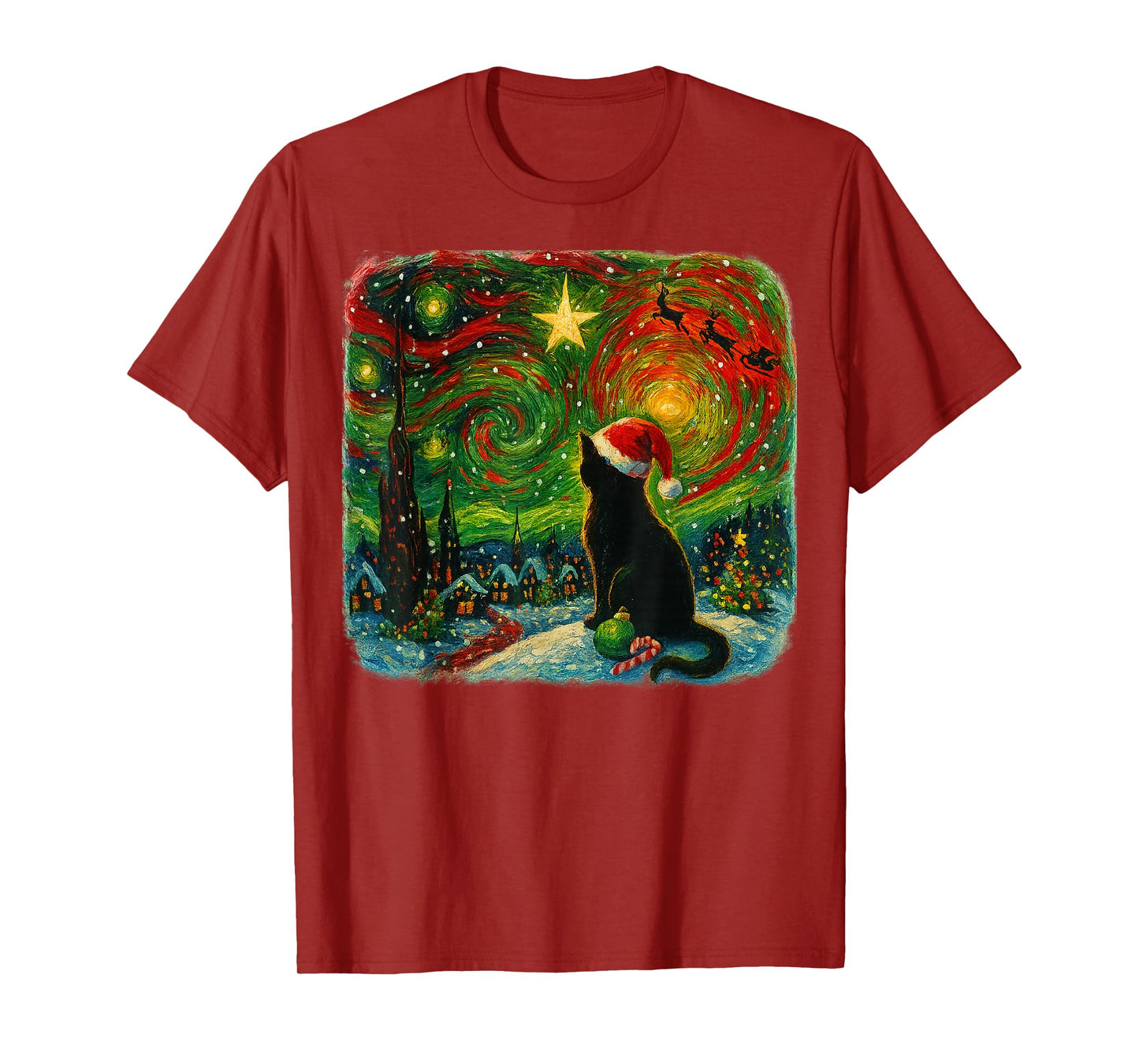 Funny Black Cat Merry Christmas Xmas Van Gogh Pajama Holiday T-Shirt