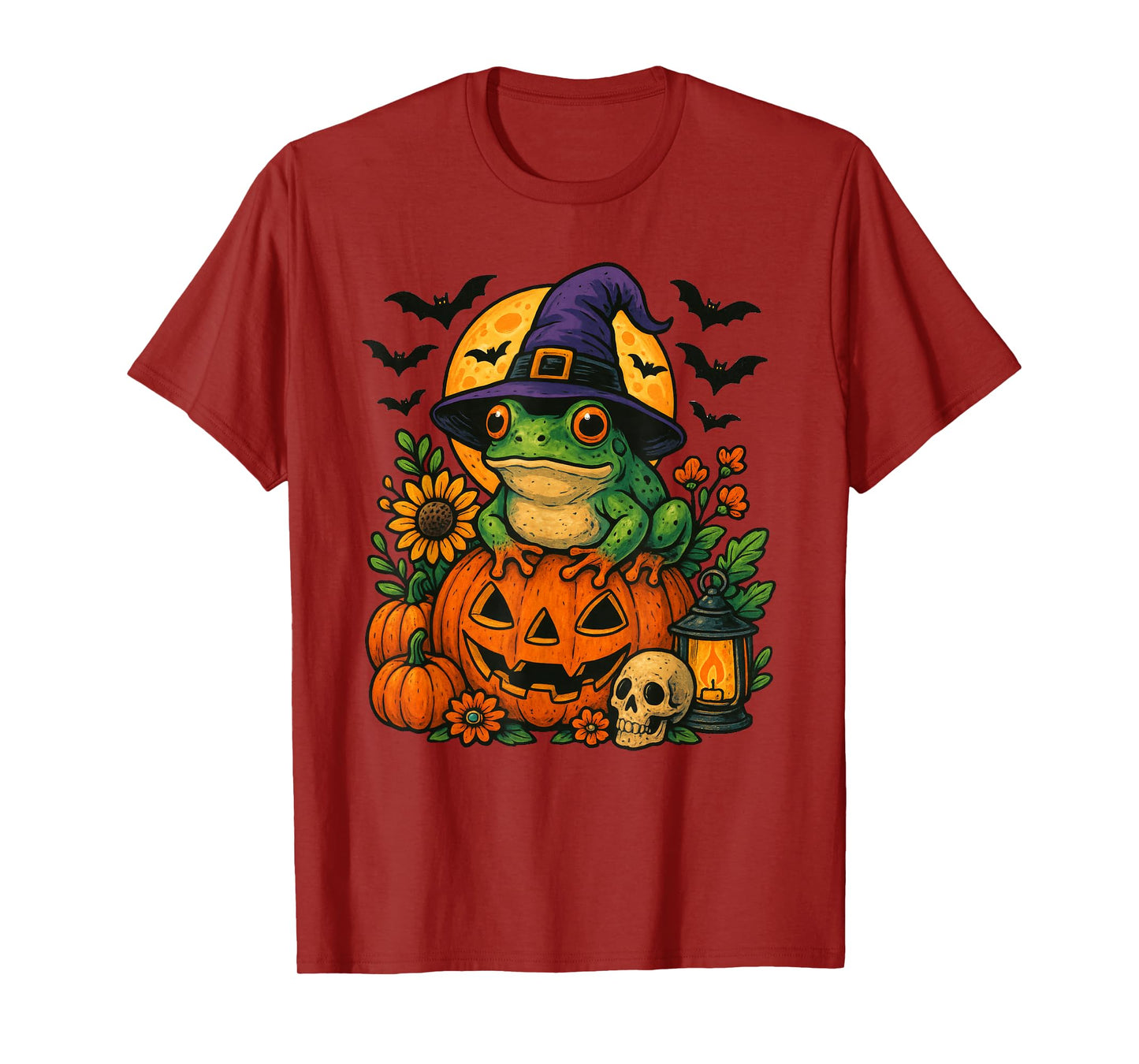 Frog Witch Hat Bats Pumpkin Halloween T-Shirt