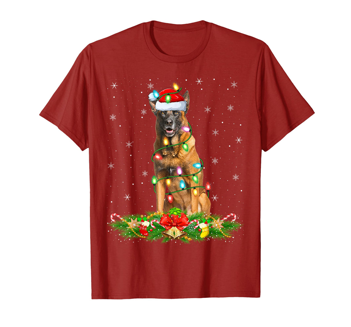 Belgian Malinois Dog Christmas Lights Funny Santa Hat Xmas T-Shirt