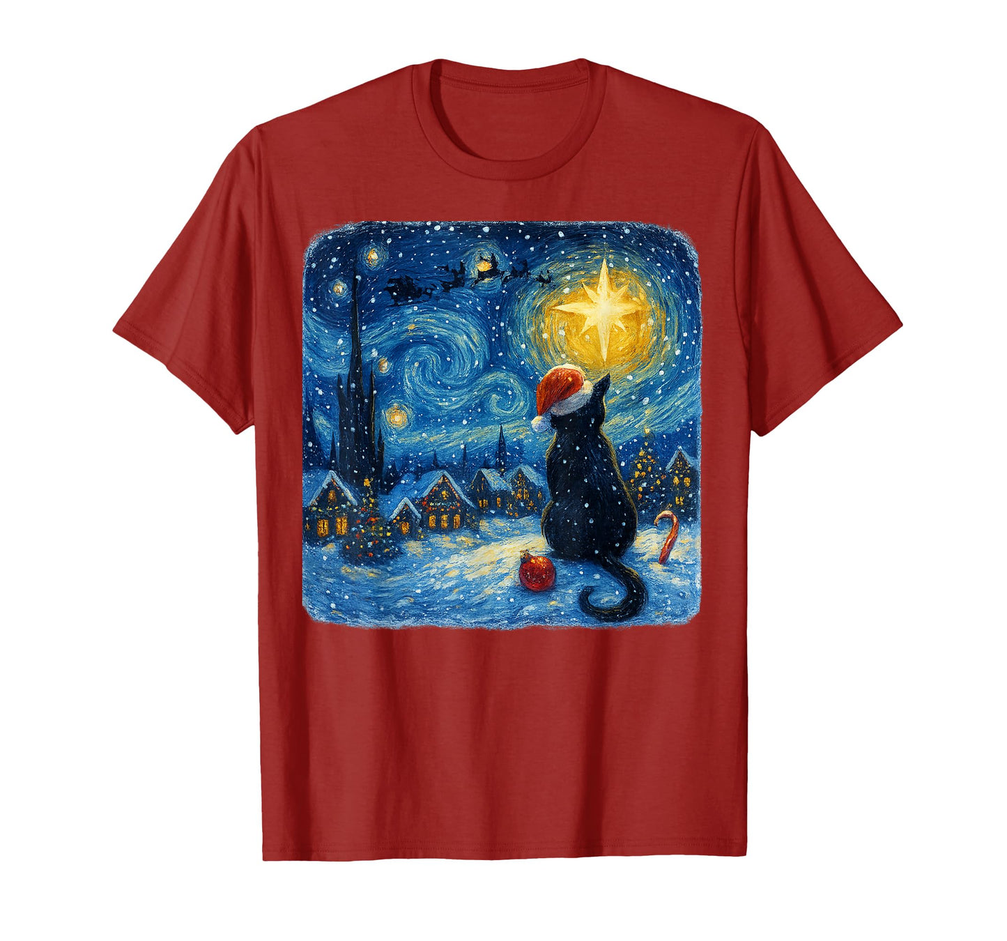 Funny Black Cat Merry Christmas Xmas Van Gogh Pajama Holiday T-Shirt